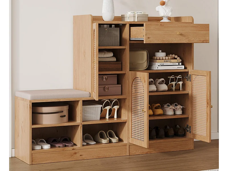 Meuble à chaussures multifonctionnelle 142x35x110cm - avec un siège rembourré - avec 3 portes en rotin et 1 tiroir - Naturel