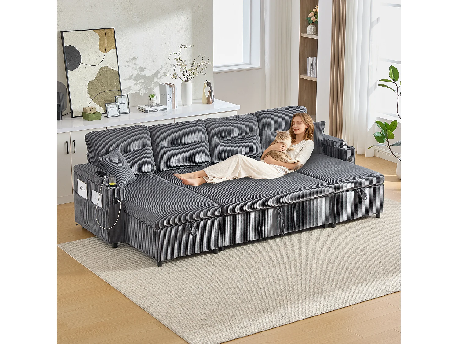 Canapé 4 places avec méridiennes de rangements - 272 x 136 x 86 cm - avec porte-gobelets + USB + lit gigogne - velours - gris