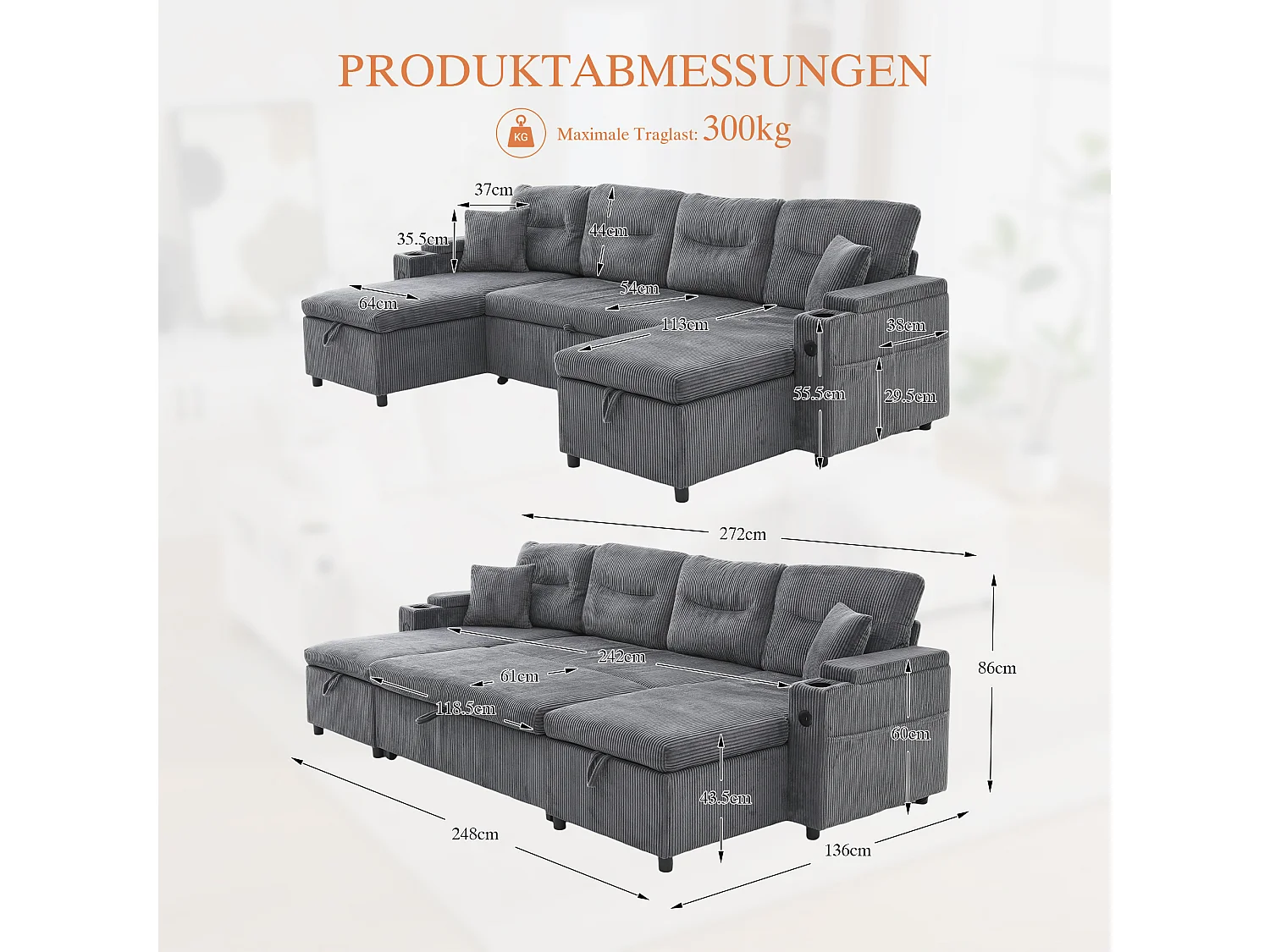 Canapé 4 places avec méridiennes de rangements - 272 x 136 x 86 cm - avec porte-gobelets + USB + lit gigogne - velours - gris