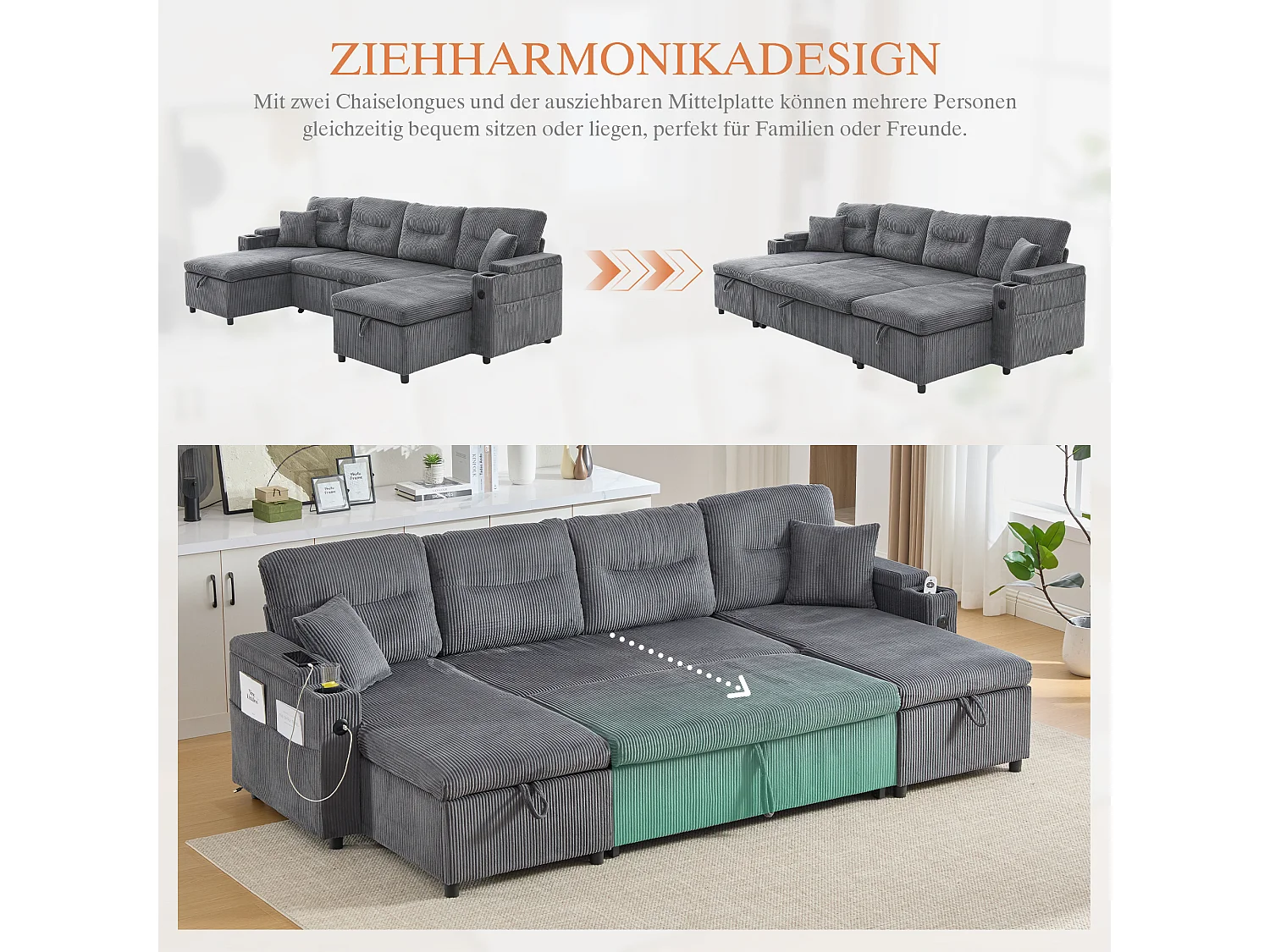 Canapé 4 places avec méridiennes de rangements - 272 x 136 x 86 cm - avec porte-gobelets + USB + lit gigogne - velours - gris