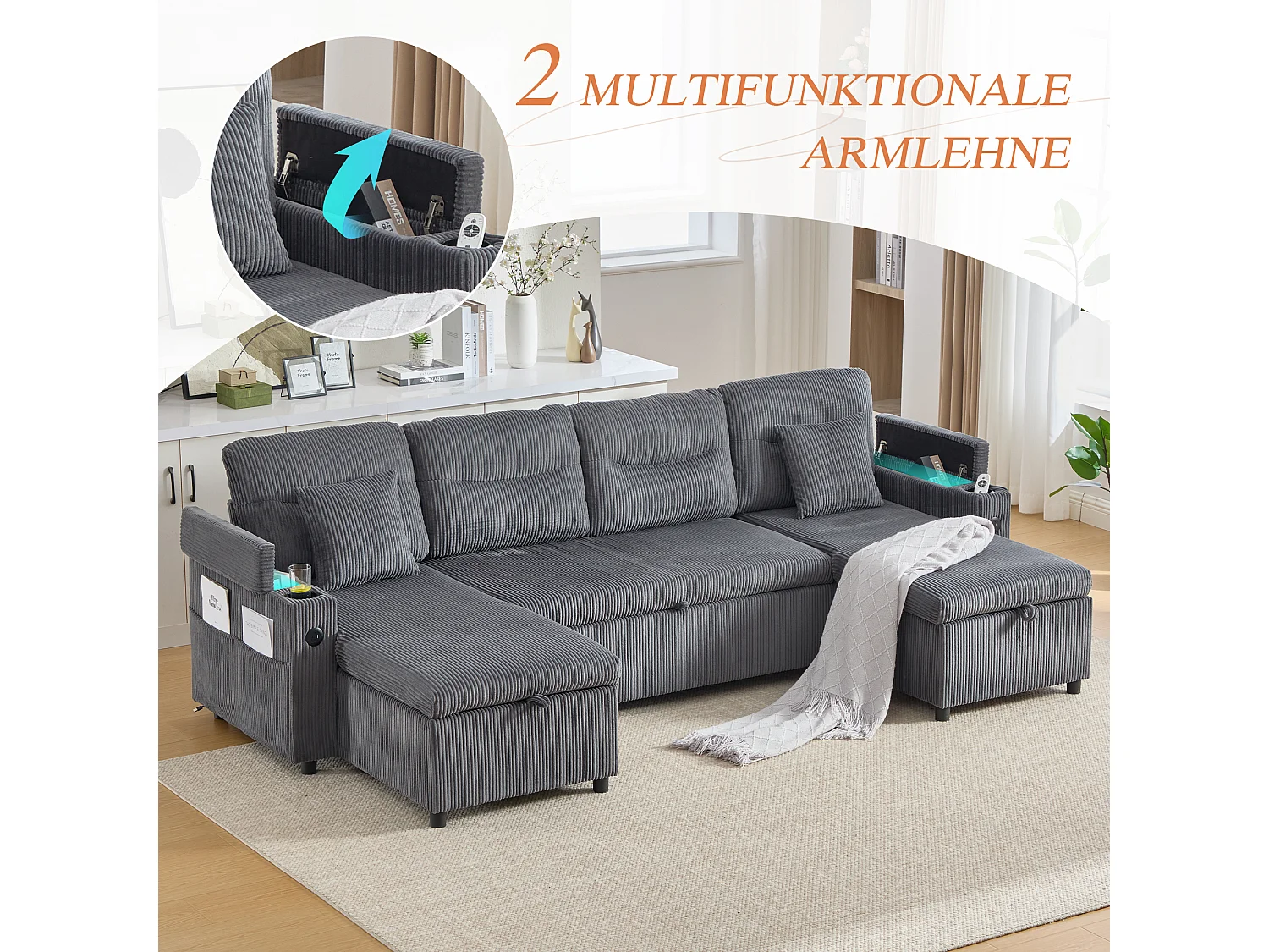 Canapé 4 places avec méridiennes de rangements - 272 x 136 x 86 cm - avec porte-gobelets + USB + lit gigogne - velours - gris