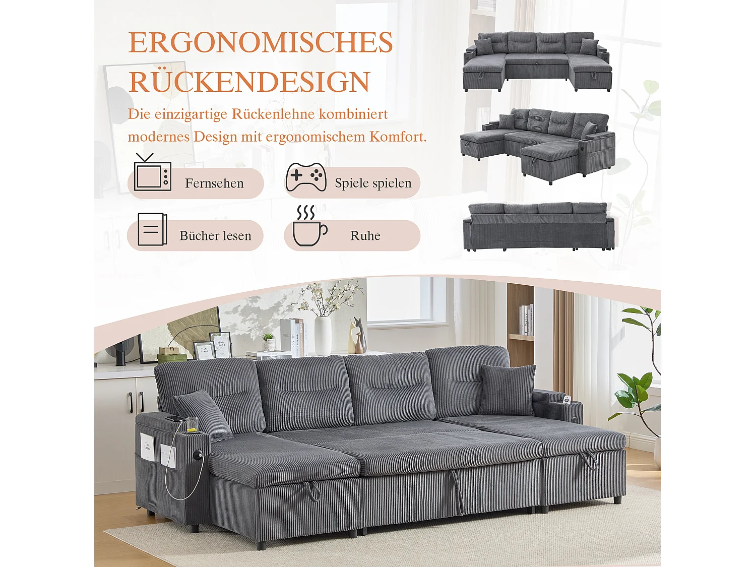 Canapé 4 places avec méridiennes de rangements - 272 x 136 x 86 cm - avec porte-gobelets + USB + lit gigogne - velours - gris