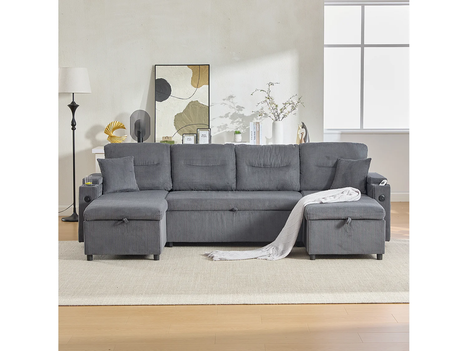 Canapé 4 places avec méridiennes de rangements - 272 x 136 x 86 cm - avec porte-gobelets + USB + lit gigogne - velours - gris