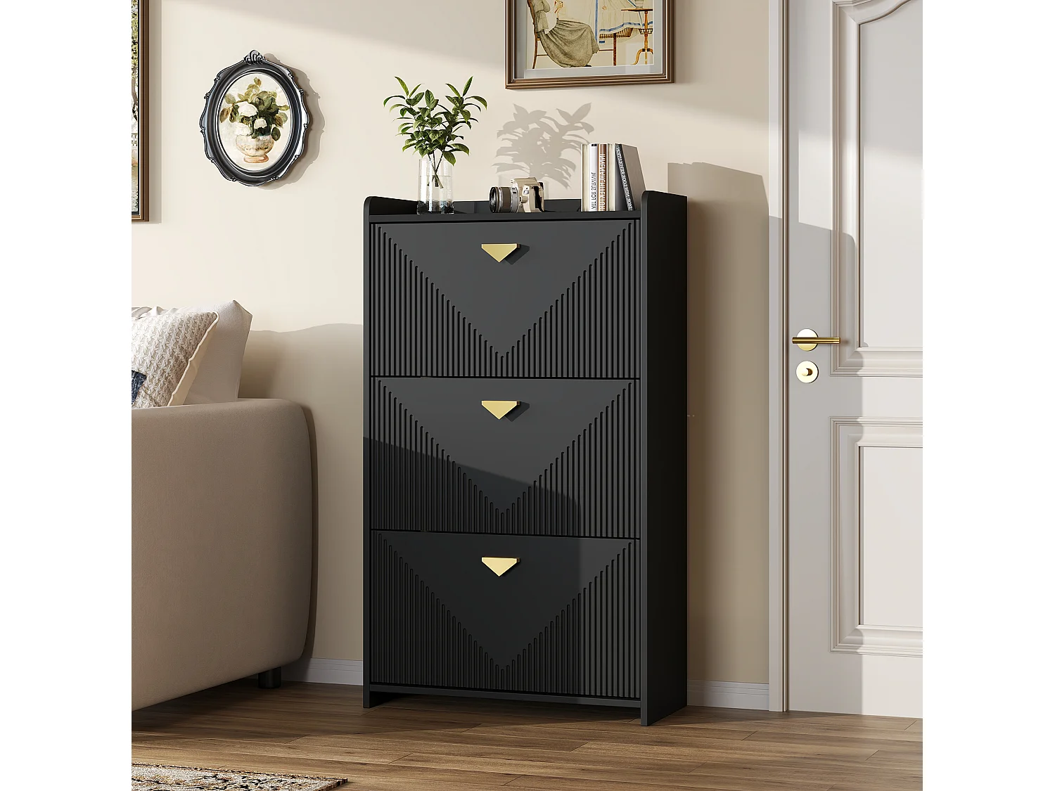 Schuhschrank für den Eingangsbereich – 70 x 30 x 120 cm – mit 3 Klapptüren – MDF – schwarz