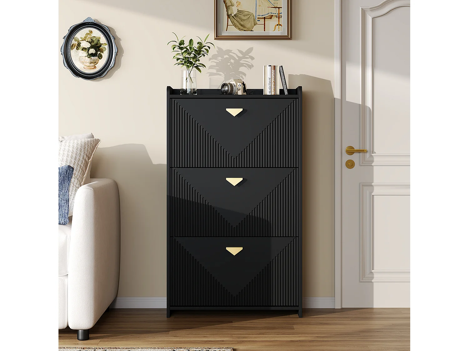 Schuhschrank für den Eingangsbereich – 70 x 30 x 120 cm – mit 3 Klapptüren – MDF – schwarz