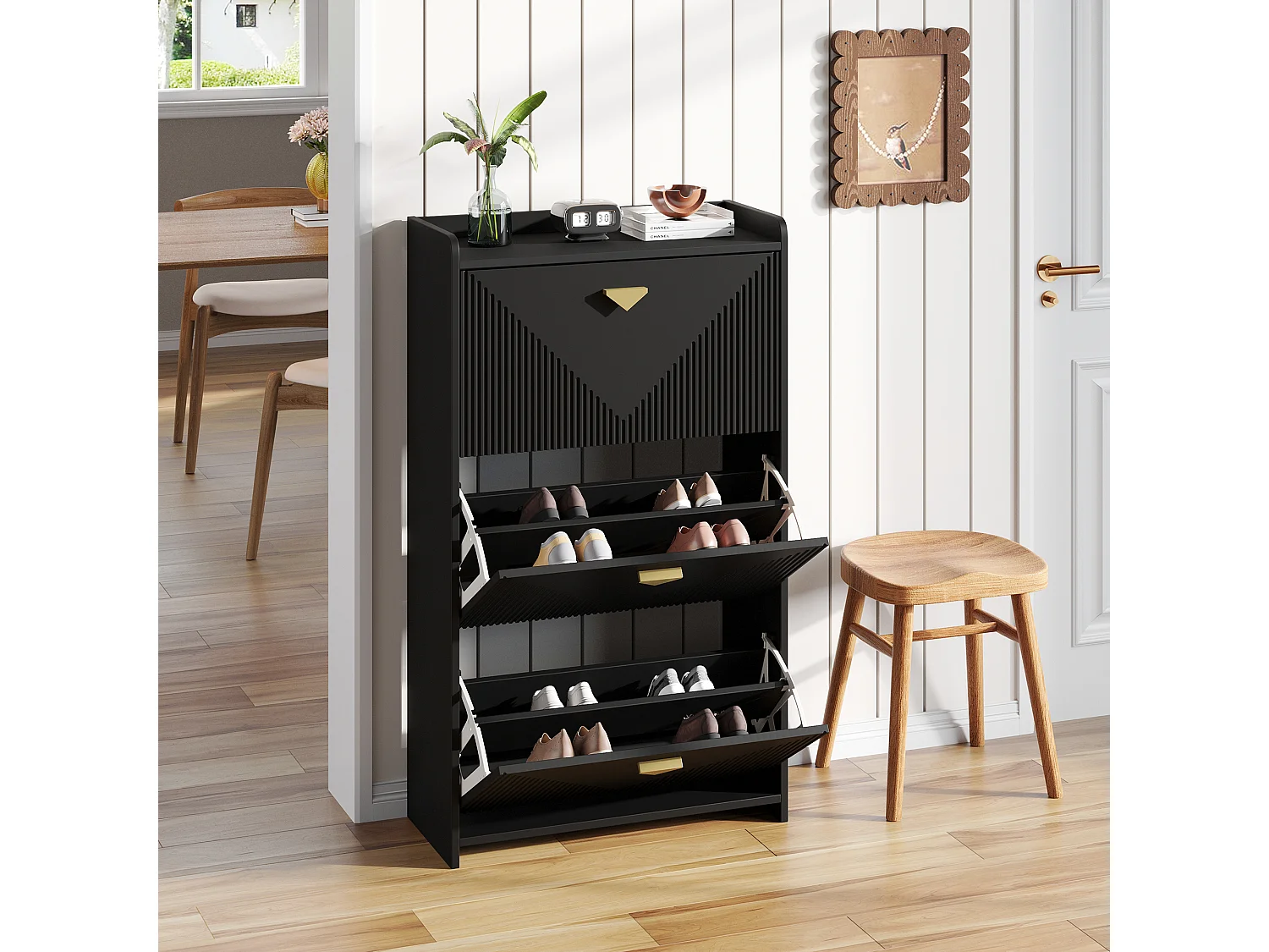 Schuhschrank für den Eingangsbereich – 70 x 30 x 120 cm – mit 3 Klapptüren – MDF – schwarz