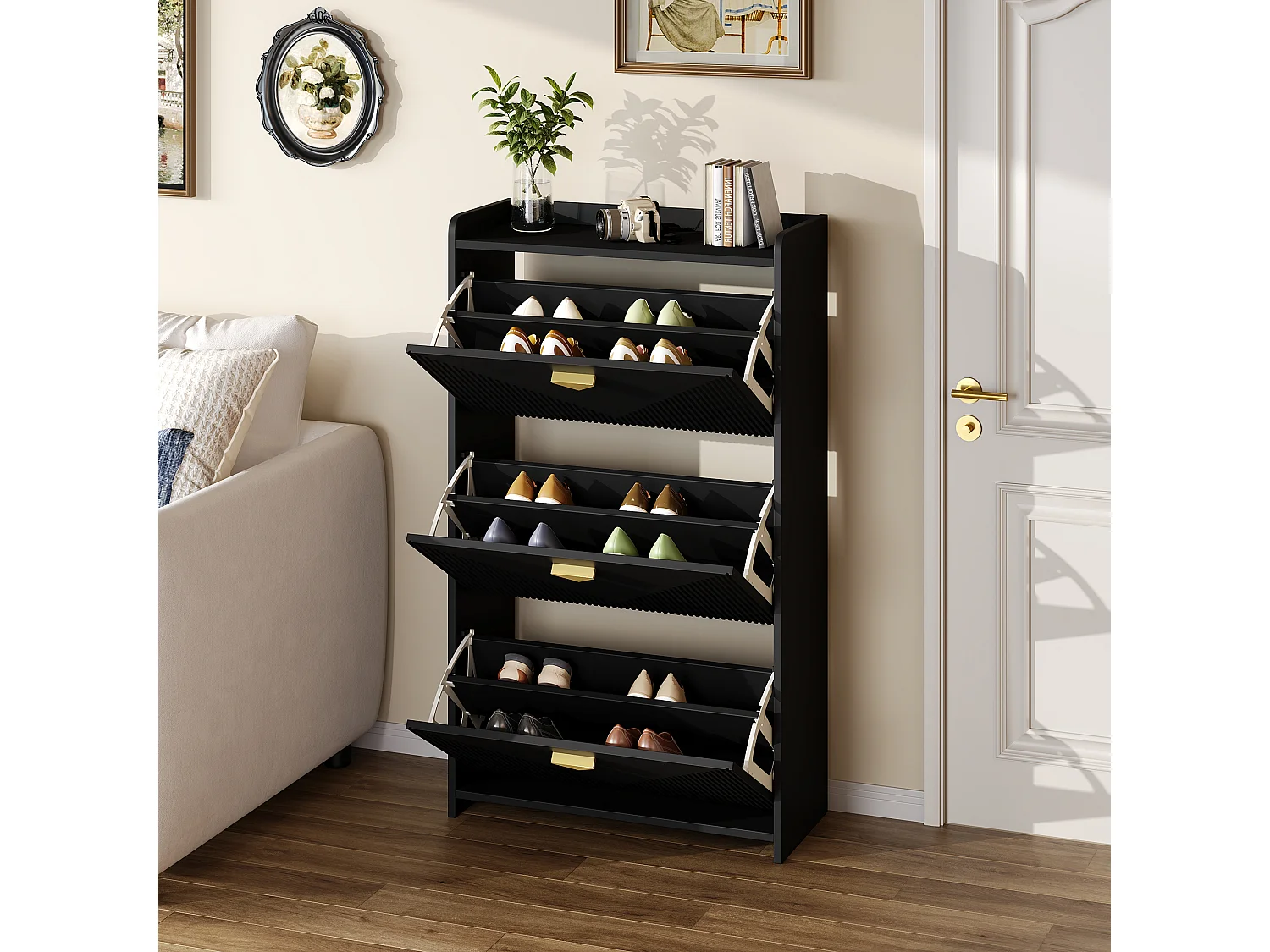 Schuhschrank für den Eingangsbereich – 70 x 30 x 120 cm – mit 3 Klapptüren – MDF – schwarz