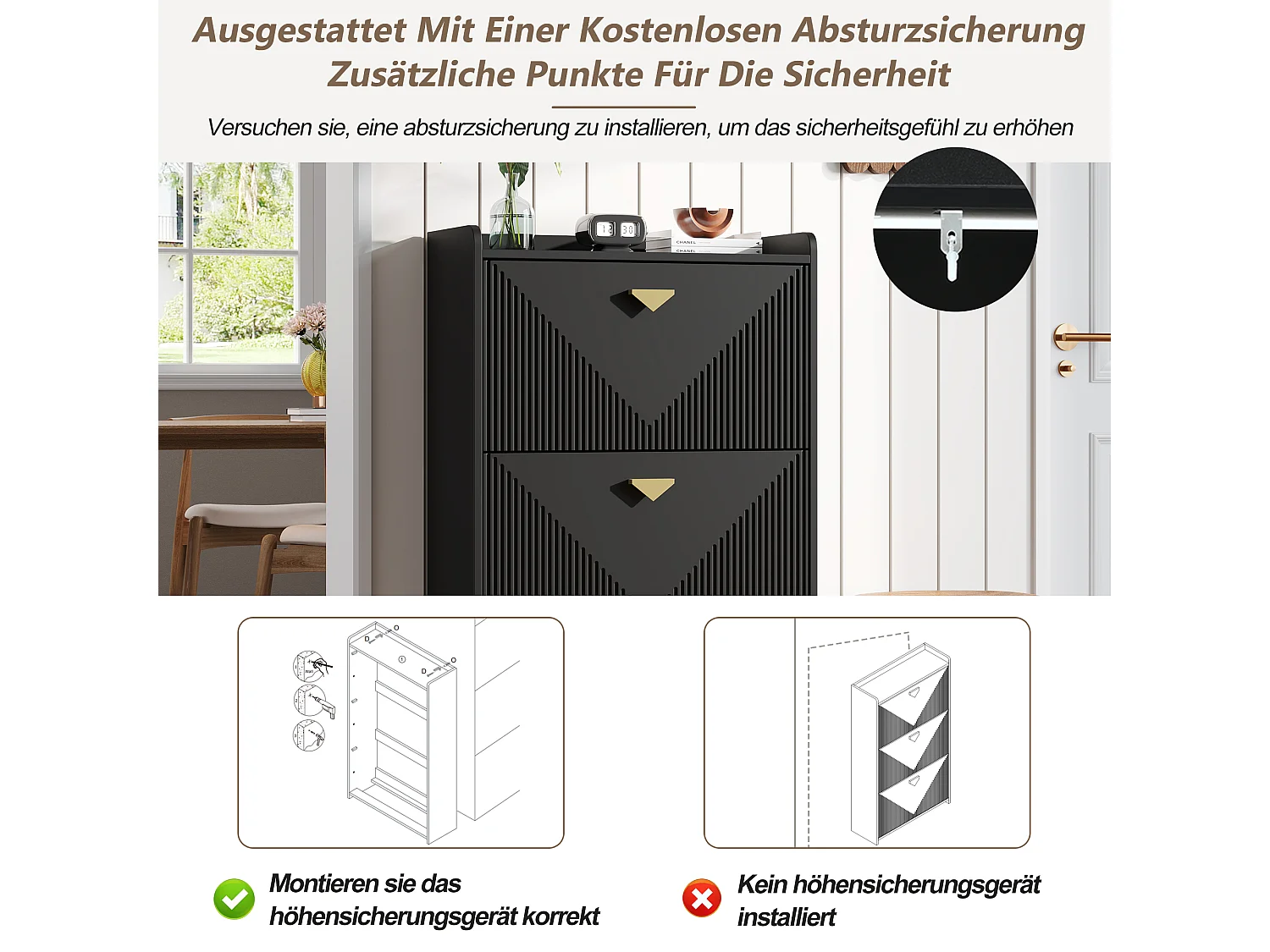 Schuhschrank für den Eingangsbereich – 70 x 30 x 120 cm – mit 3 Klapptüren – MDF – schwarz