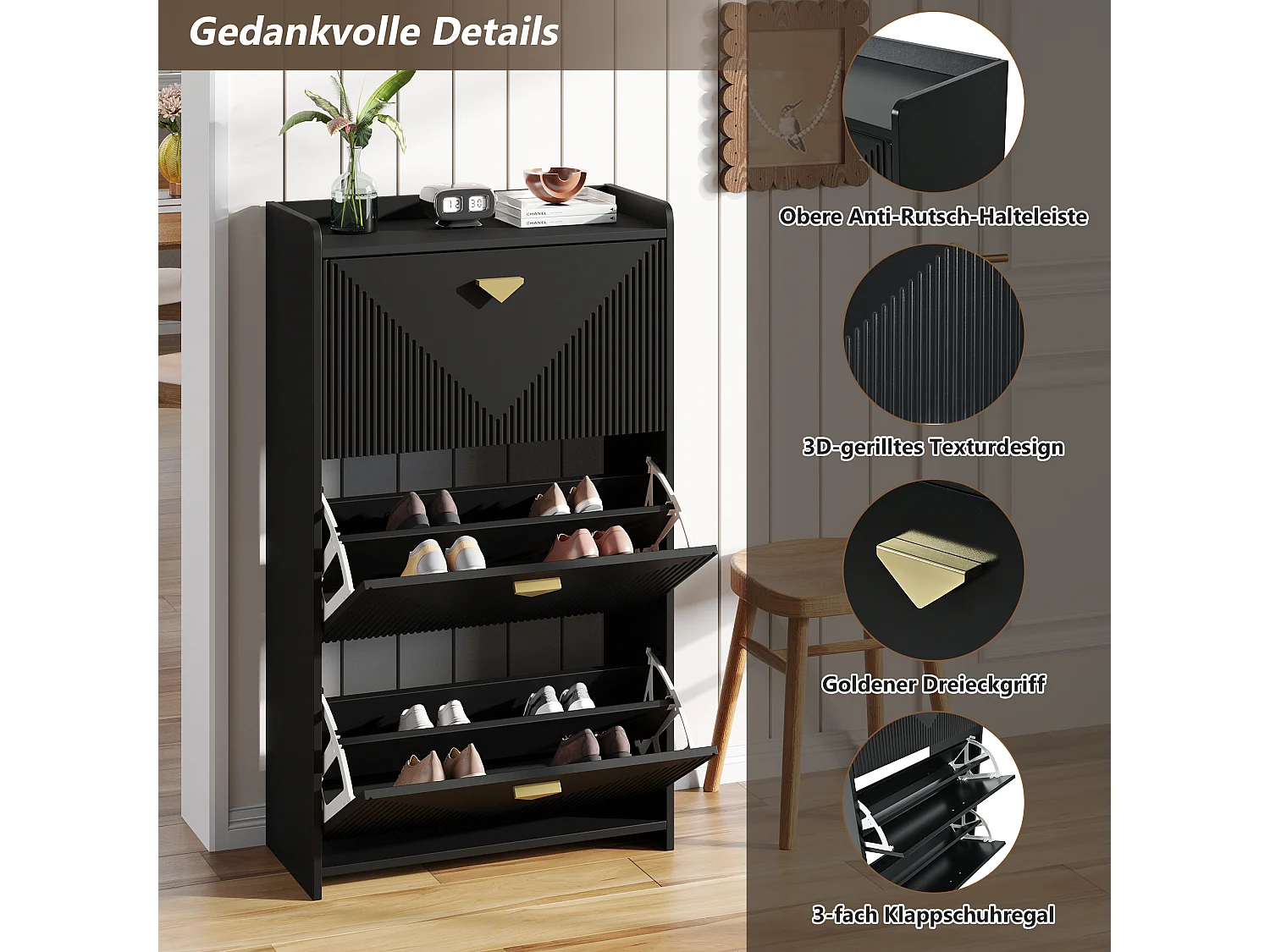 Schuhschrank für den Eingangsbereich – 70 x 30 x 120 cm – mit 3 Klapptüren – MDF – schwarz