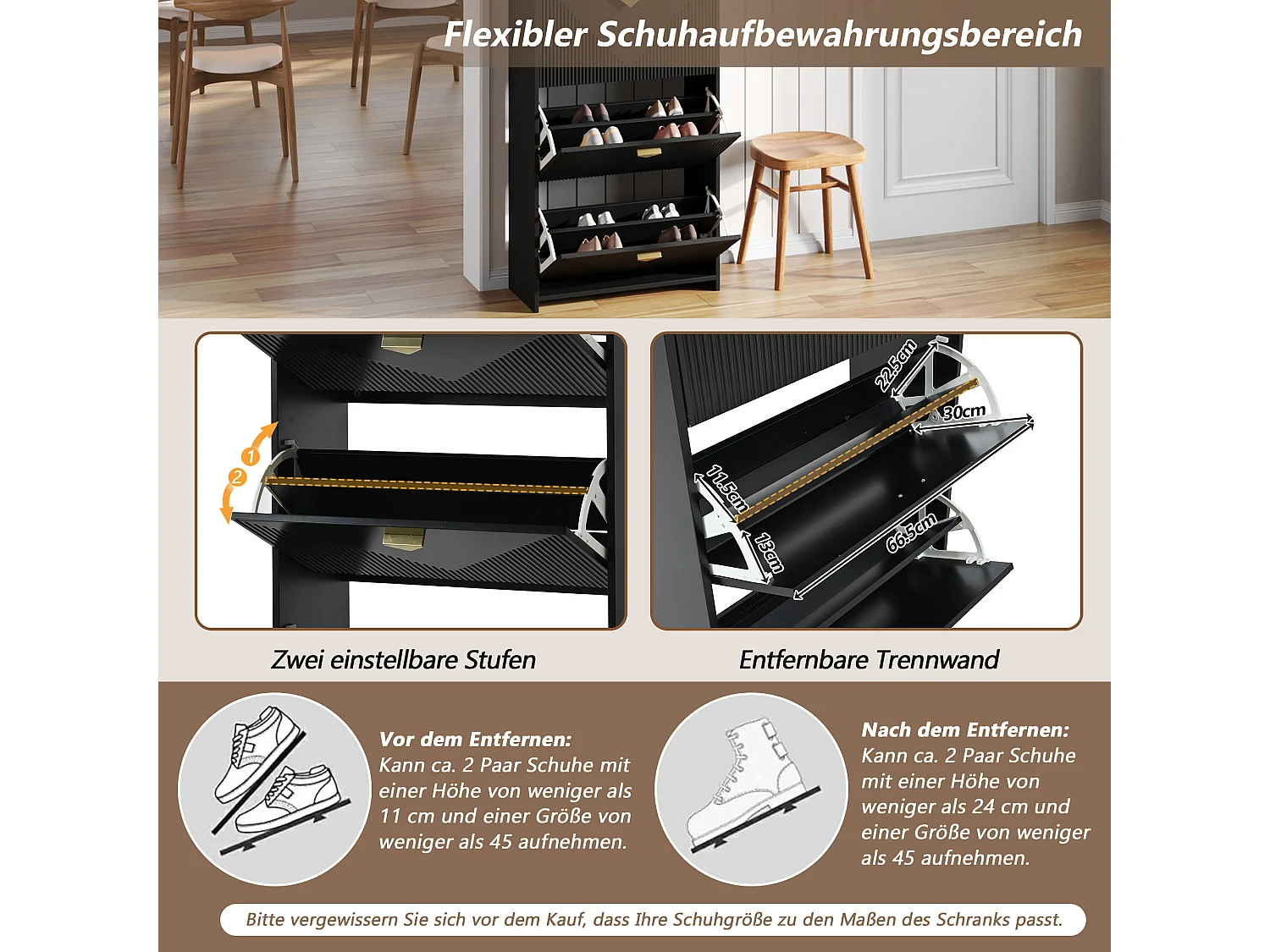Schuhschrank für den Eingangsbereich – 70 x 30 x 120 cm – mit 3 Klapptüren – MDF – schwarz