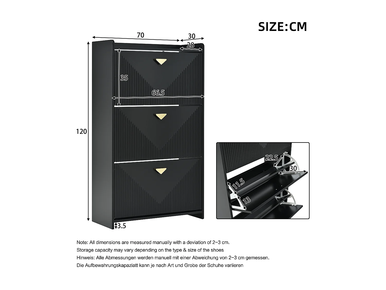 Schuhschrank für den Eingangsbereich – 70 x 30 x 120 cm – mit 3 Klapptüren – MDF – schwarz