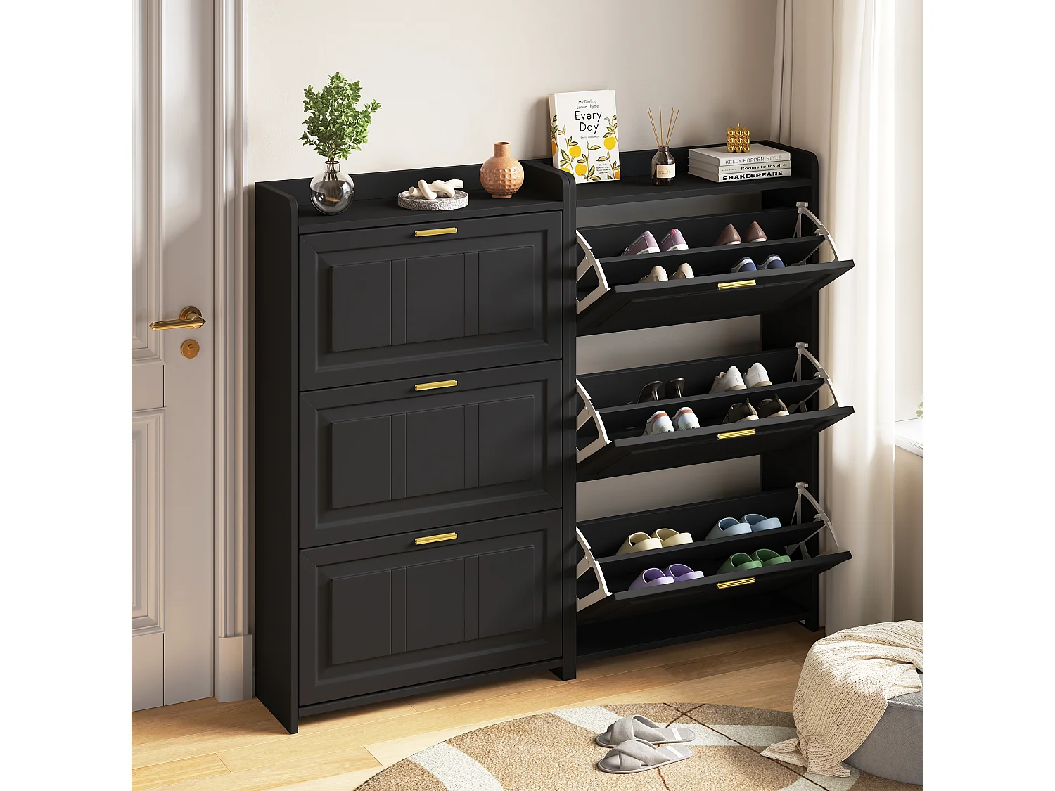 Schuhschrank für den Eingangsbereich – 2 x 70 x 24 x 120 cm – mit 6 Fächern – MDF + Spanplatte – schwarz