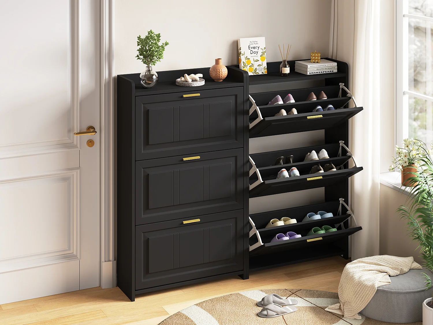 Schuhschrank für den Eingangsbereich – 2 x 70 x 24 x 120 cm – mit 6 Fächern – MDF + Spanplatte – schwarz