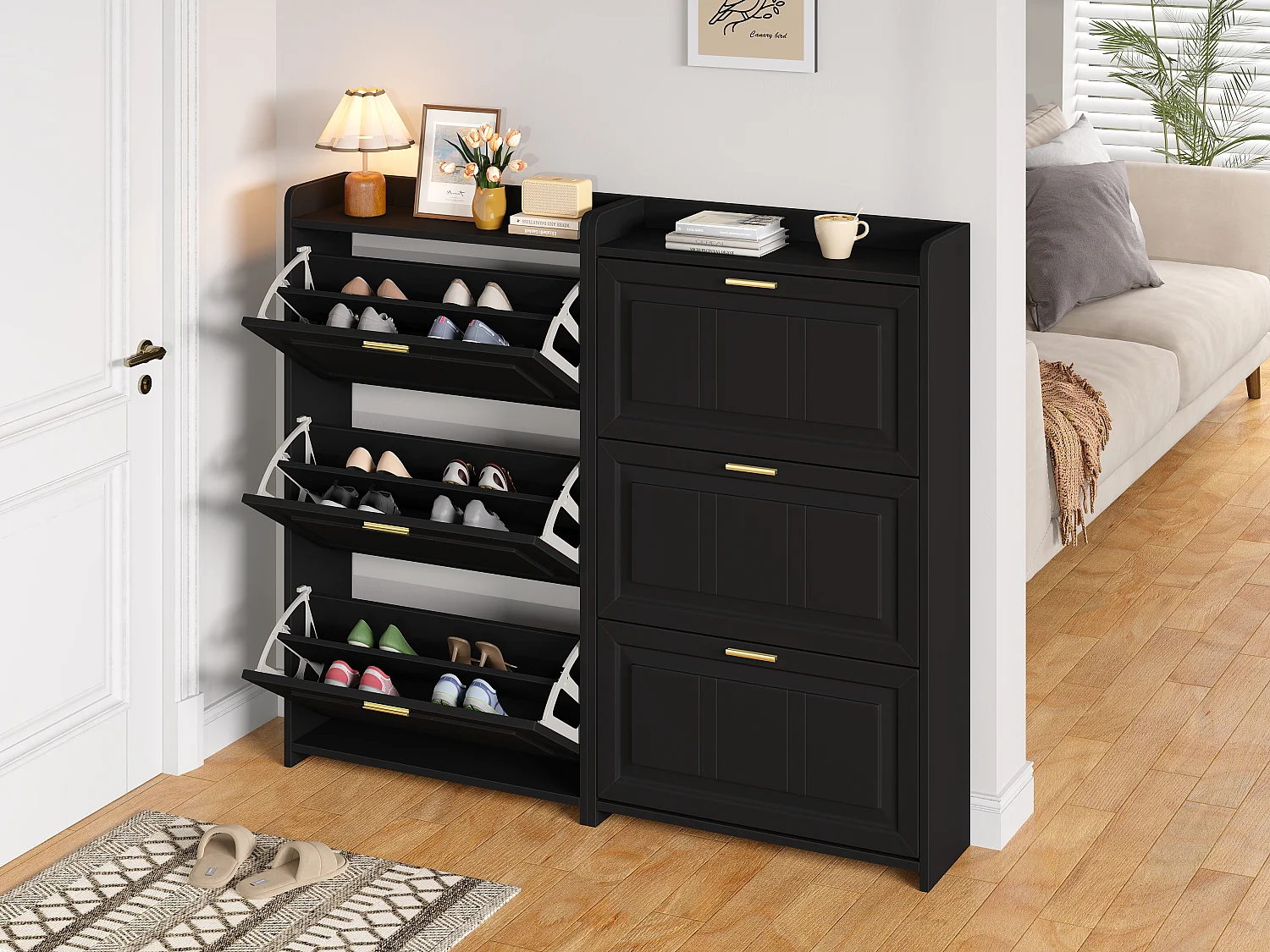 Schuhschrank für den Eingangsbereich – 2 x 70 x 24 x 120 cm – mit 6 Fächern – MDF + Spanplatte – schwarz