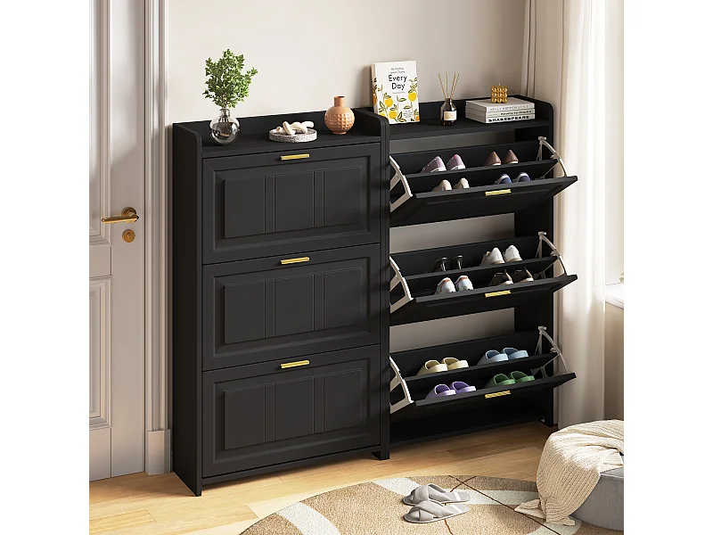 Schuhschrank für den Eingangsbereich – 2 x 70 x 24 x 120 cm – mit 6 Fächern – MDF + Spanplatte – schwarz