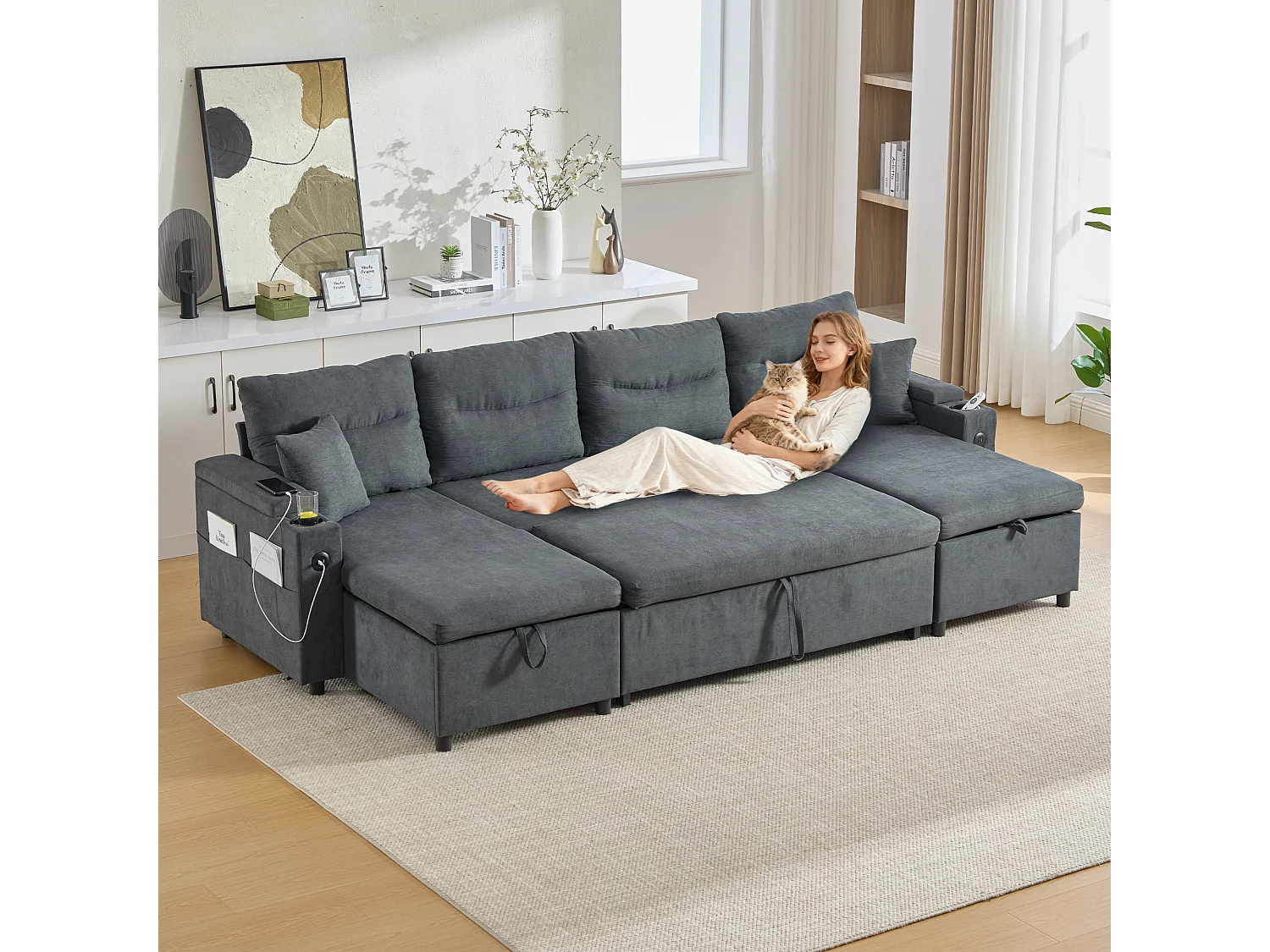 Canapé 4 places avec méridiennes de rangements - 272 x 136 x 86 cm - avec porte-gobelets + USB + lit gigogne - velours - gris foncé