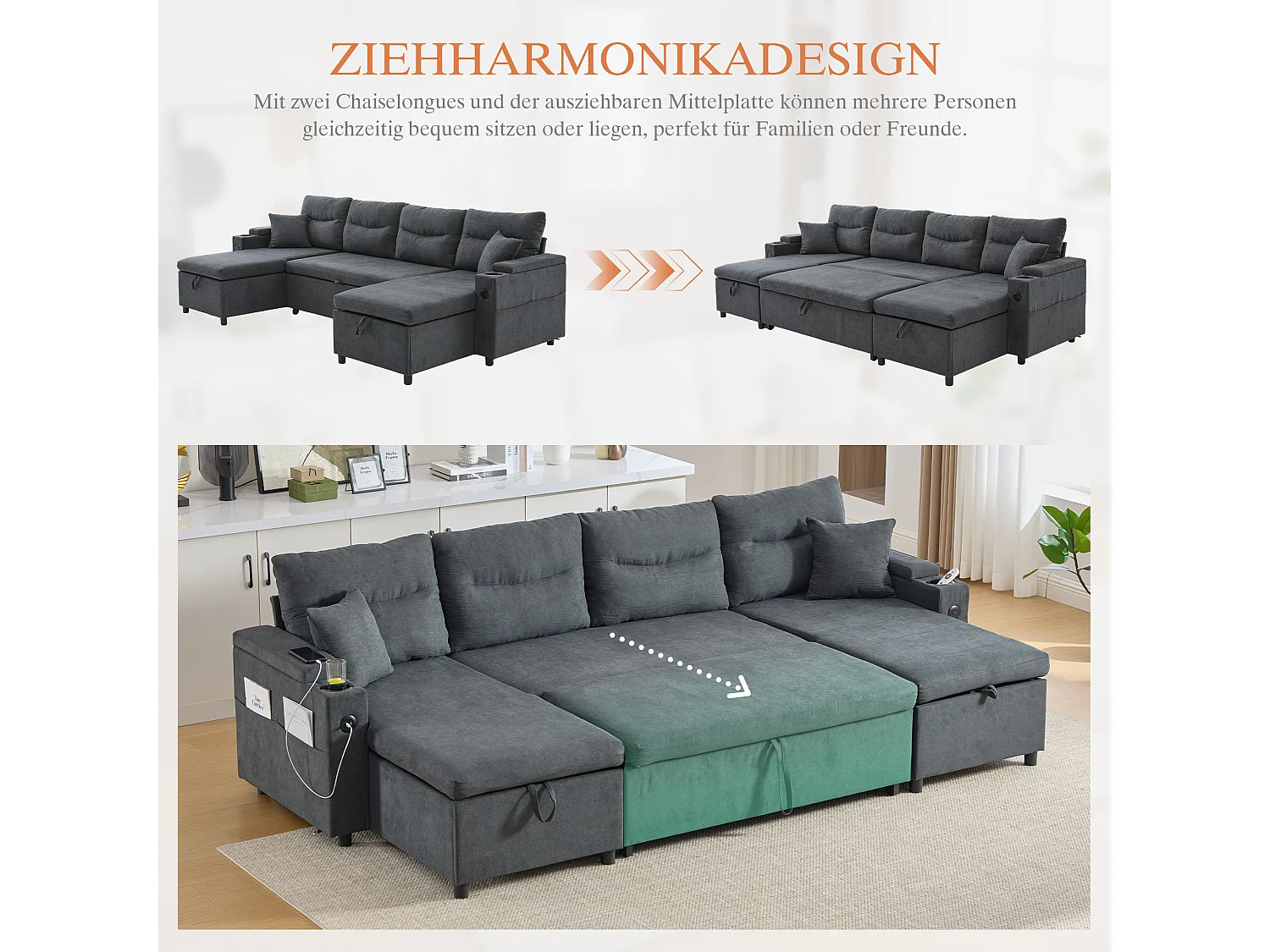 Canapé 4 places avec méridiennes de rangements - 272 x 136 x 86 cm - avec porte-gobelets + USB + lit gigogne - velours - gris foncé