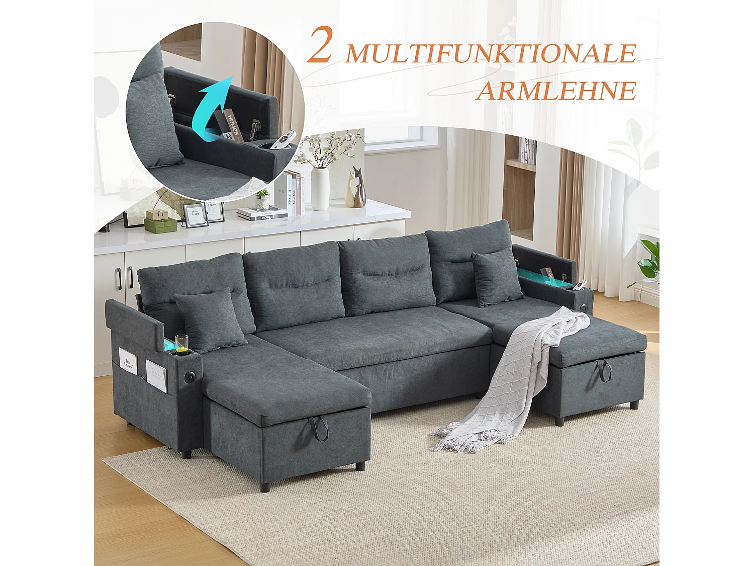 Canapé 4 places avec méridiennes de rangements - 272 x 136 x 86 cm - avec porte-gobelets + USB + lit gigogne - velours - gris foncé