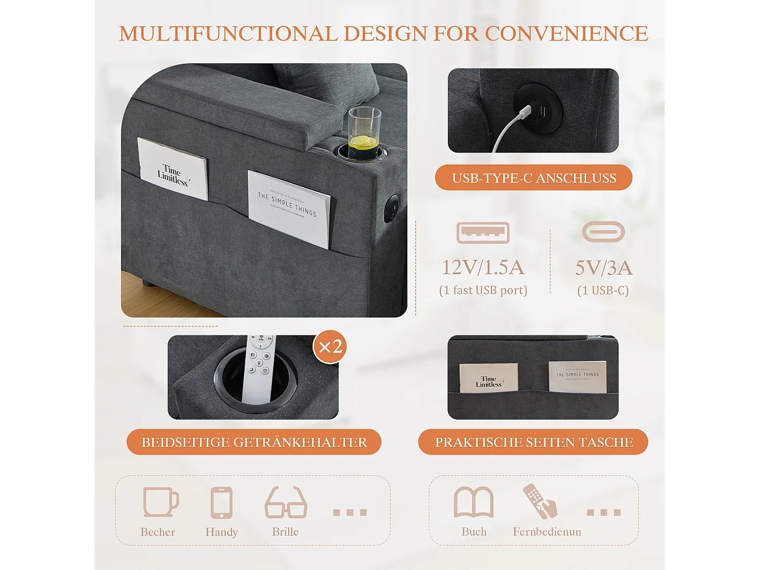 Canapé 4 places avec méridiennes de rangements - 272 x 136 x 86 cm - avec porte-gobelets + USB + lit gigogne - velours - gris foncé