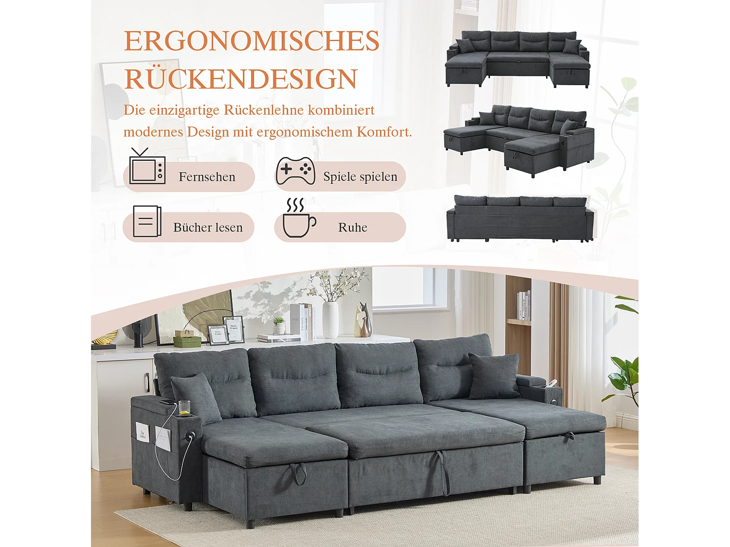 Canapé 4 places avec méridiennes de rangements - 272 x 136 x 86 cm - avec porte-gobelets + USB + lit gigogne - velours - gris foncé