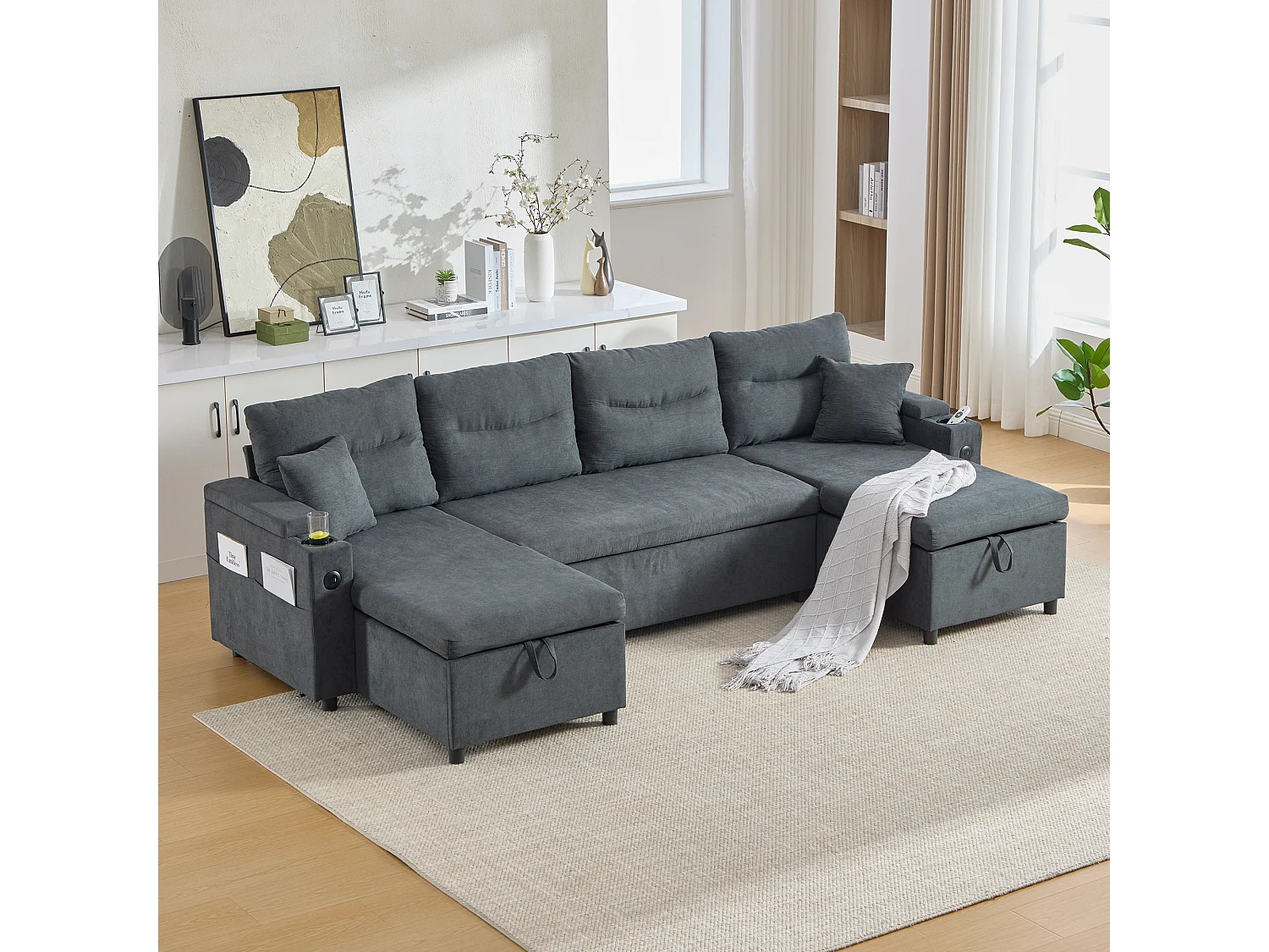 Canapé 4 places avec méridiennes de rangements - 272 x 136 x 86 cm - avec porte-gobelets + USB + lit gigogne - velours - gris foncé