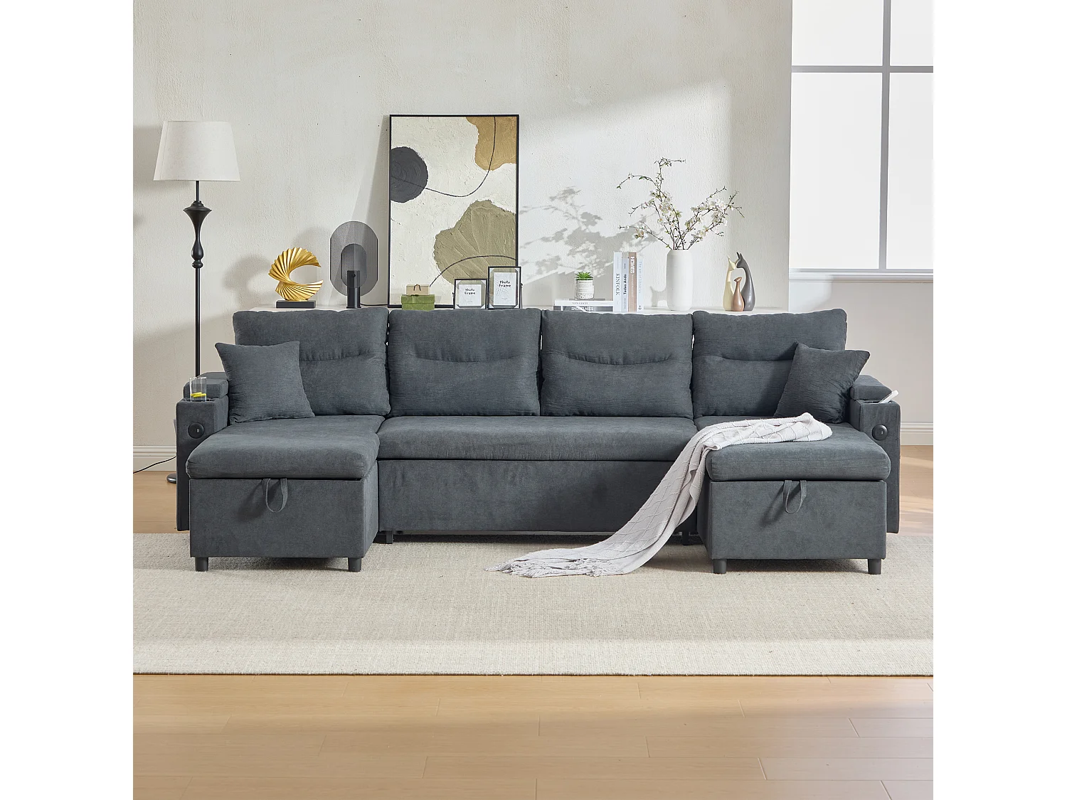 Canapé 4 places avec méridiennes de rangements - 272 x 136 x 86 cm - avec porte-gobelets + USB + lit gigogne - velours - gris foncé