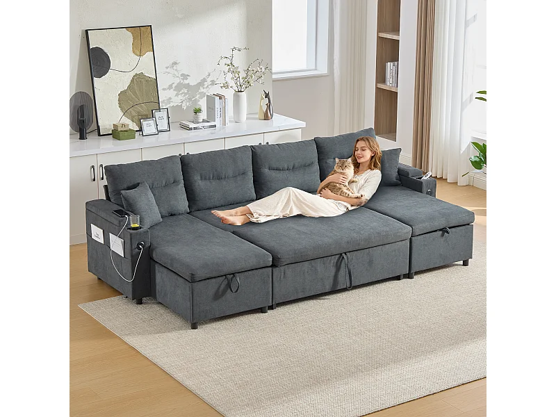 Canapé 4 places avec méridiennes de rangements - 272 x 136 x 86 cm - avec porte-gobelets + USB + lit gigogne - velours - gris foncé