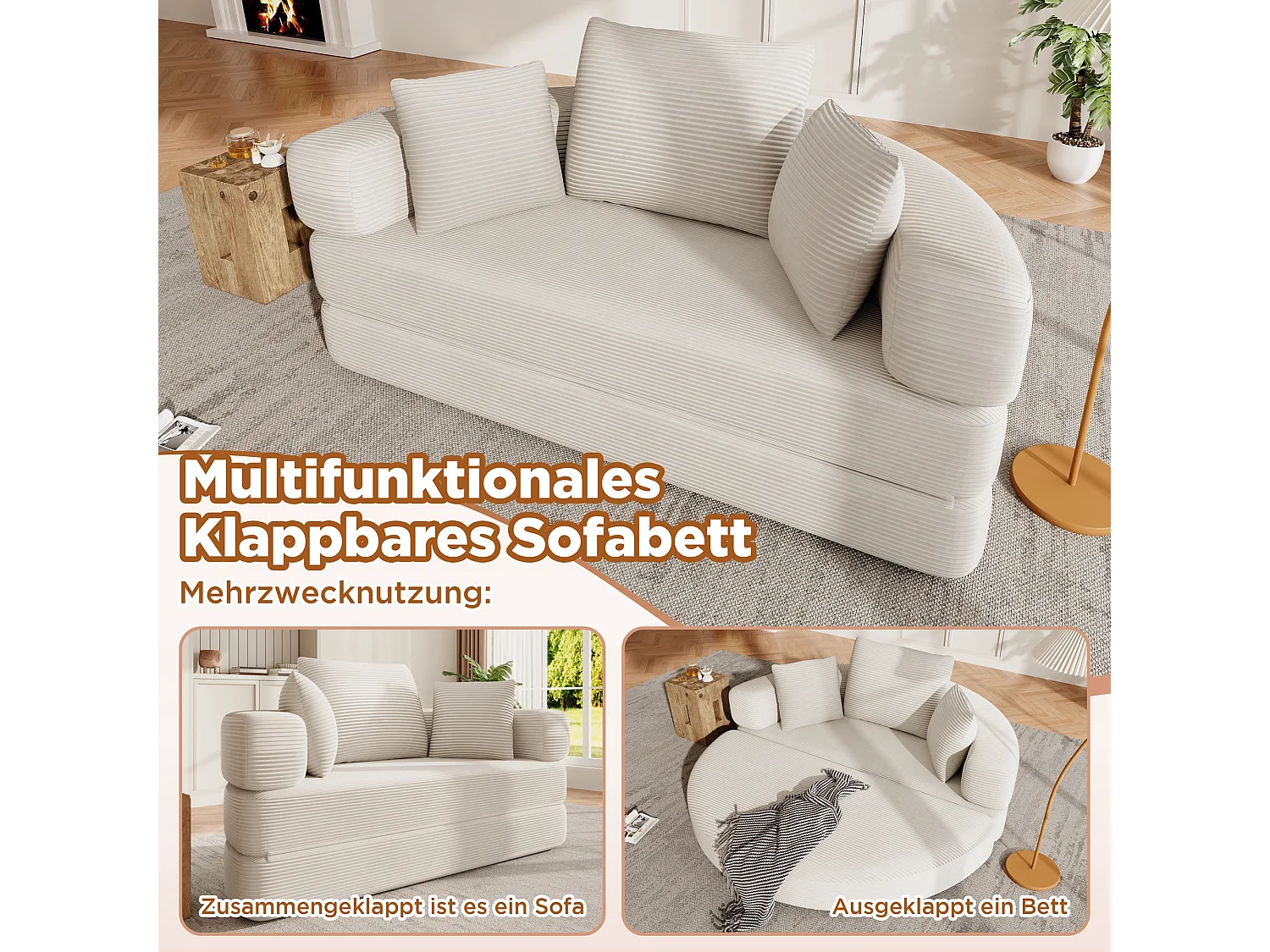 Canapé-lit pliant sans structure - 173 x 176 x 40 cm - canapé modulable convertible avec coussins - velours - beige