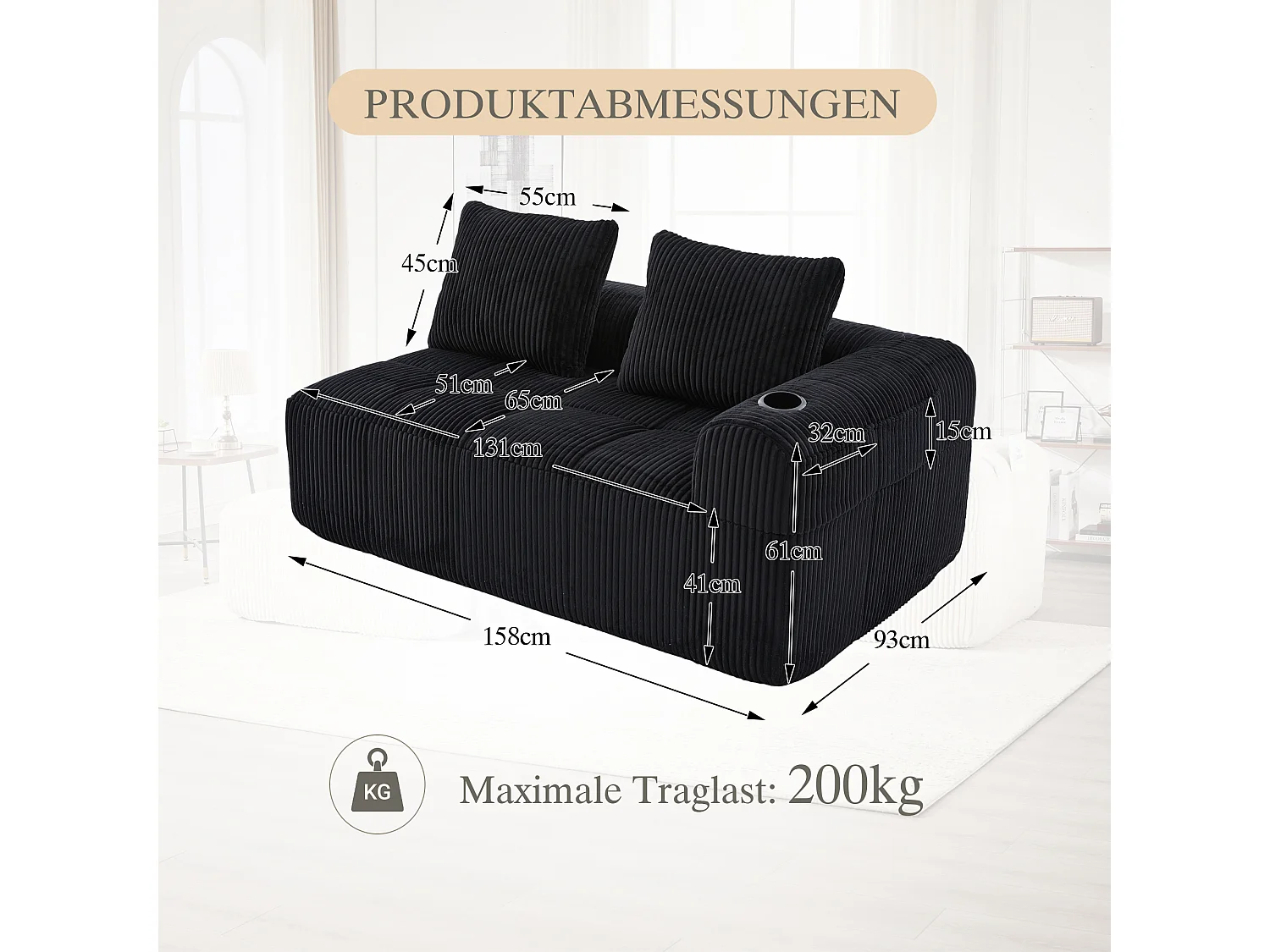 Canapé 2 places confortable - 158 x 93 x 61 cm - aucun assemblage requis - avec coussins de dossier + poche - velours - noir