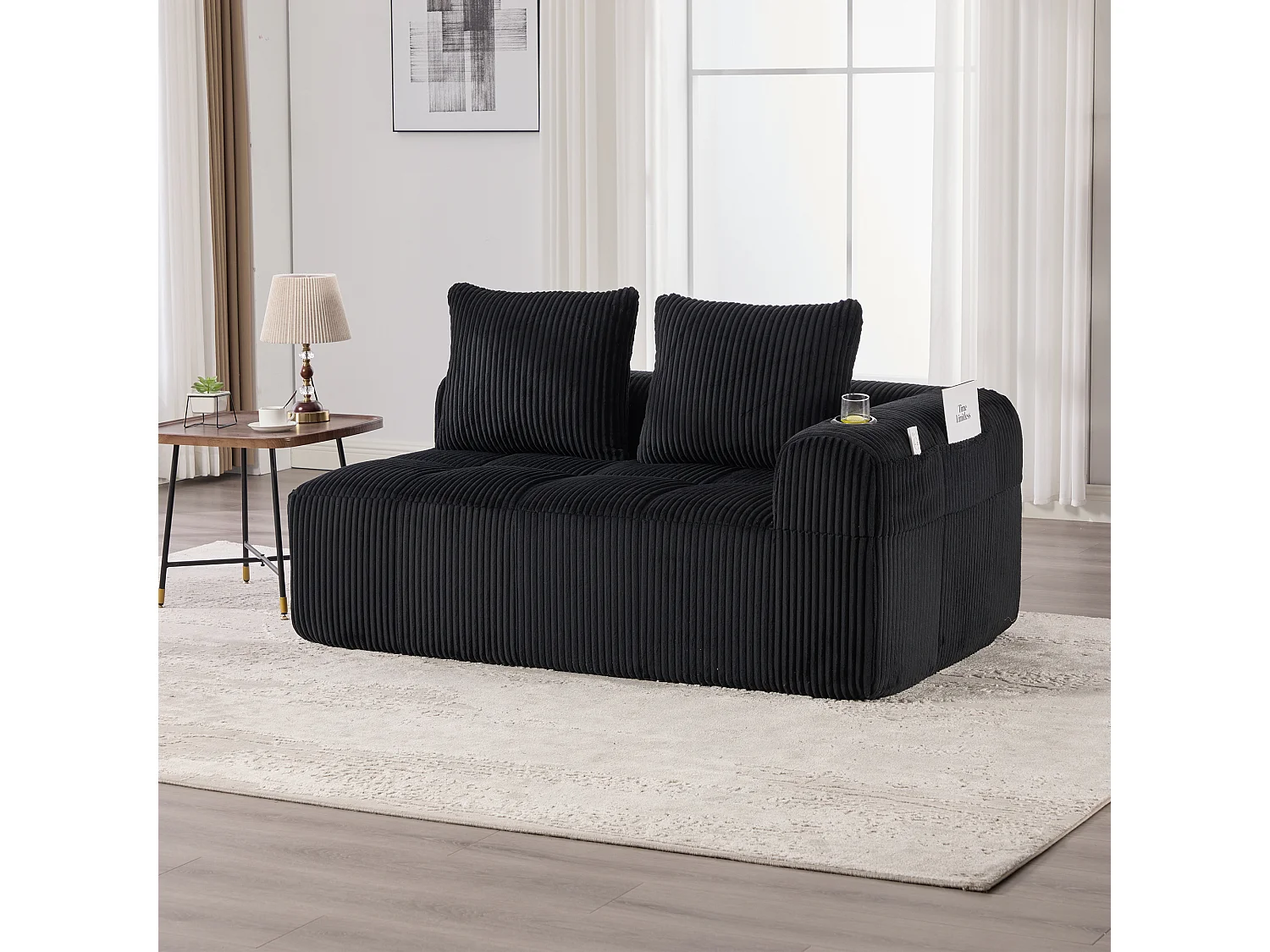 Canapé 2 places confortable - 158 x 93 x 61 cm - aucun assemblage requis - avec coussins de dossier + poche - velours - noir