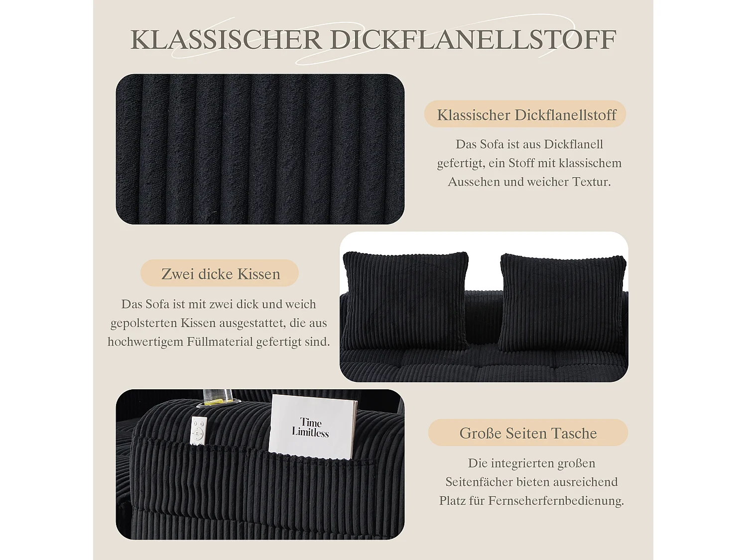 Canapé 2 places confortable - 158 x 93 x 61 cm - aucun assemblage requis - avec coussins de dossier + poche - velours - noir