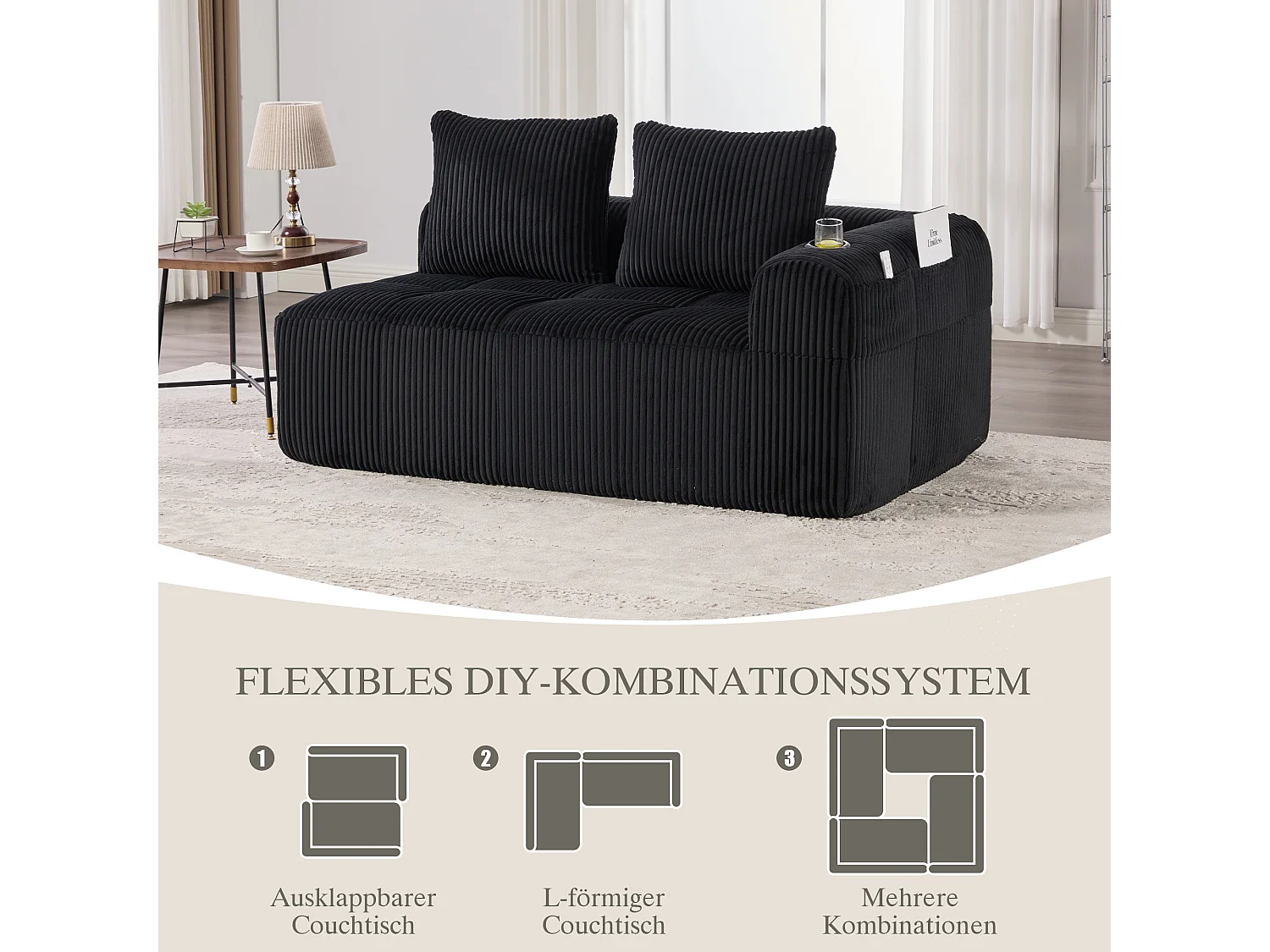 Canapé 2 places confortable - 158 x 93 x 61 cm - aucun assemblage requis - avec coussins de dossier + poche - velours - noir