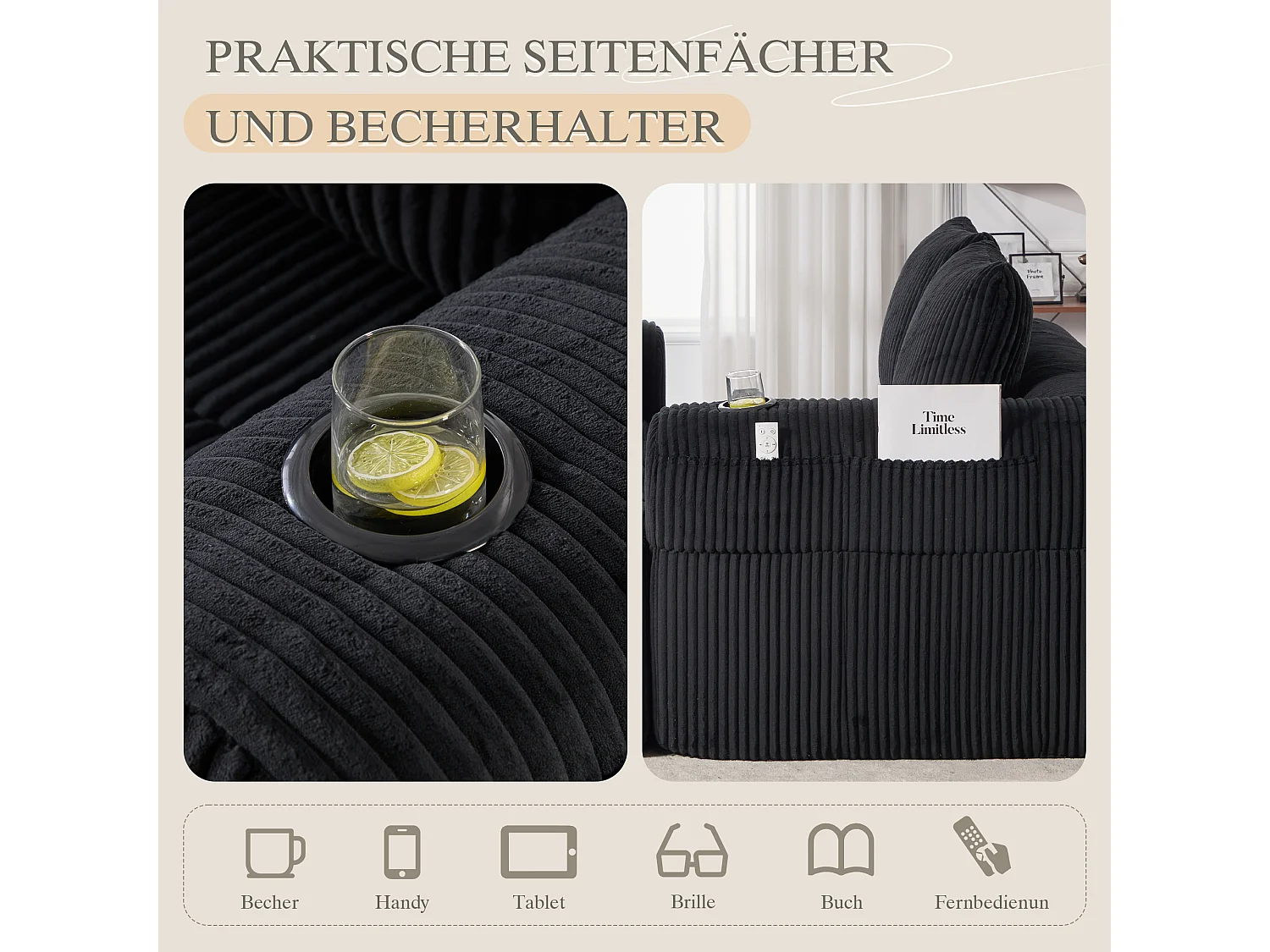 Canapé 2 places confortable - 158 x 93 x 61 cm - aucun assemblage requis - avec coussins de dossier + poche - velours - noir