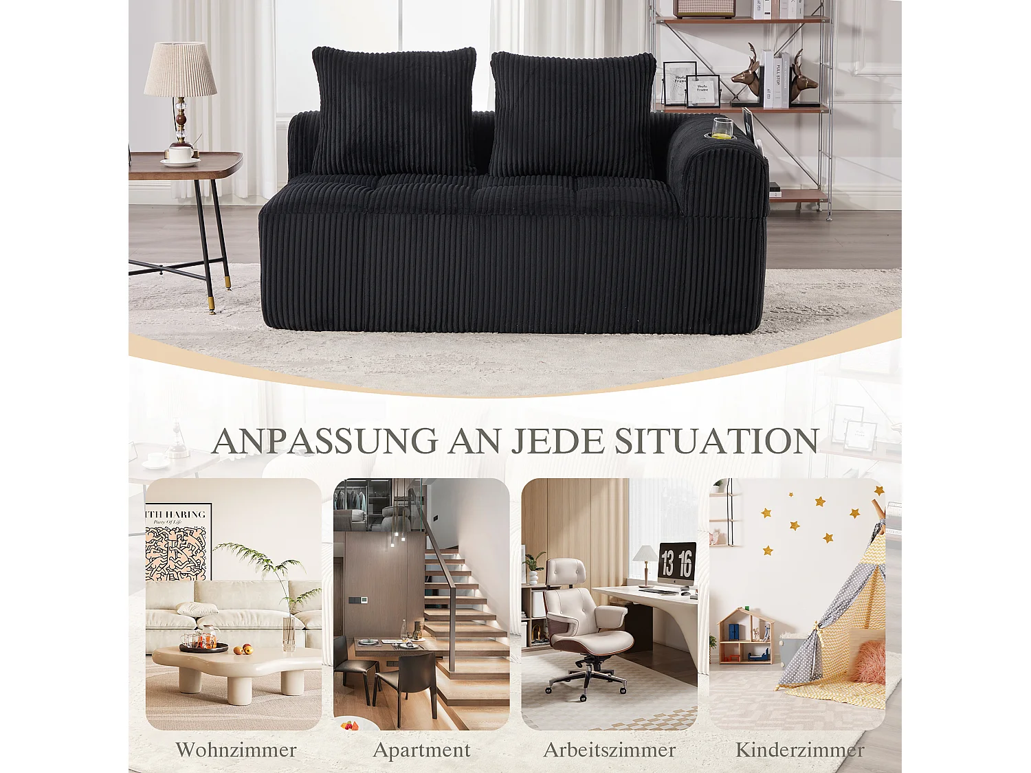 Canapé 2 places confortable - 158 x 93 x 61 cm - aucun assemblage requis - avec coussins de dossier + poche - velours - noir