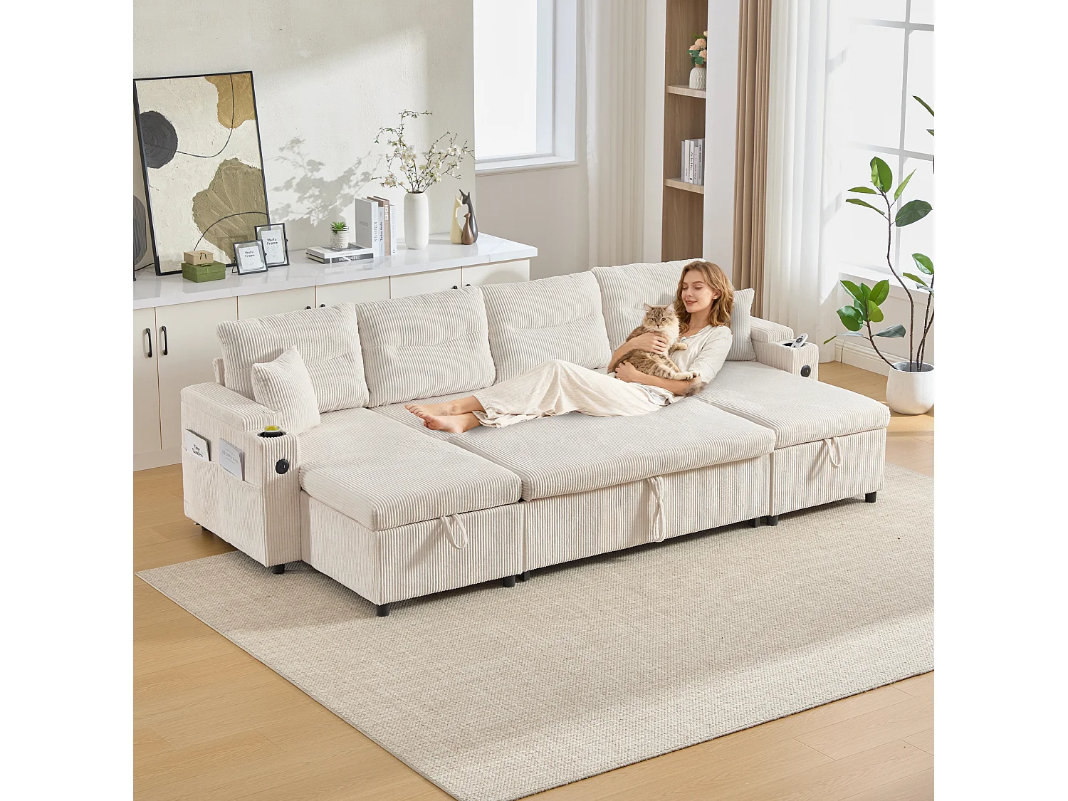 Canapé 4 places avec méridiennes de rangements - 272 x 136 x 86 cm - avec porte-gobelets + USB + lit gigogne - velours - beige