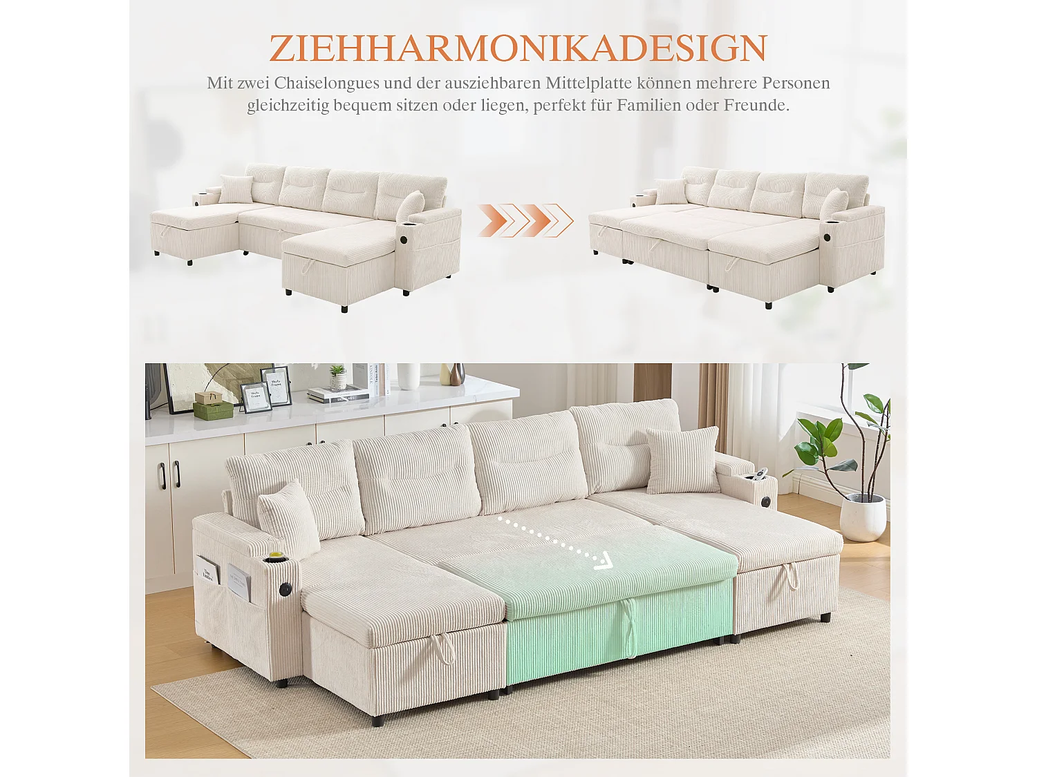 Canapé 4 places avec méridiennes de rangements - 272 x 136 x 86 cm - avec porte-gobelets + USB + lit gigogne - velours - beige