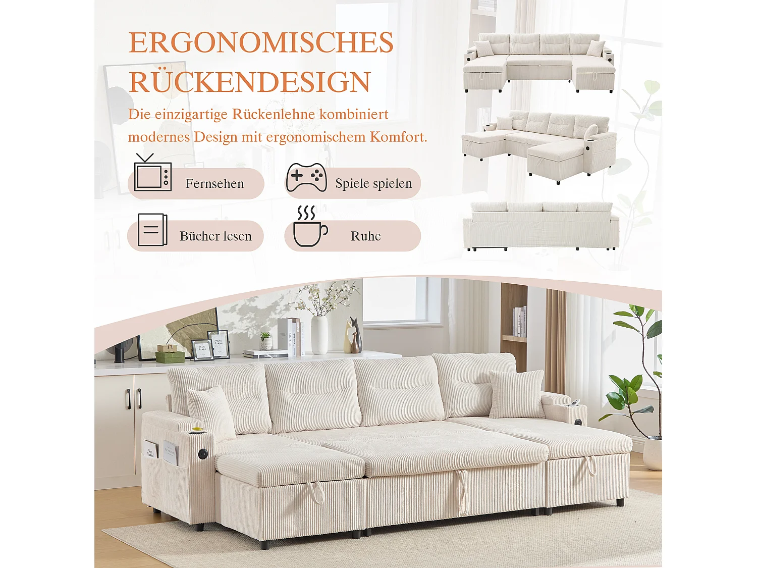 Canapé 4 places avec méridiennes de rangements - 272 x 136 x 86 cm - avec porte-gobelets + USB + lit gigogne - velours - beige