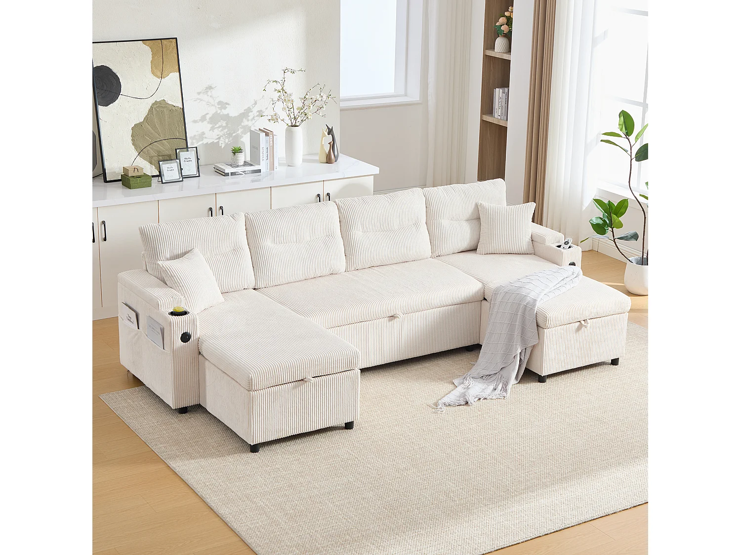 Canapé 4 places avec méridiennes de rangements - 272 x 136 x 86 cm - avec porte-gobelets + USB + lit gigogne - velours - beige