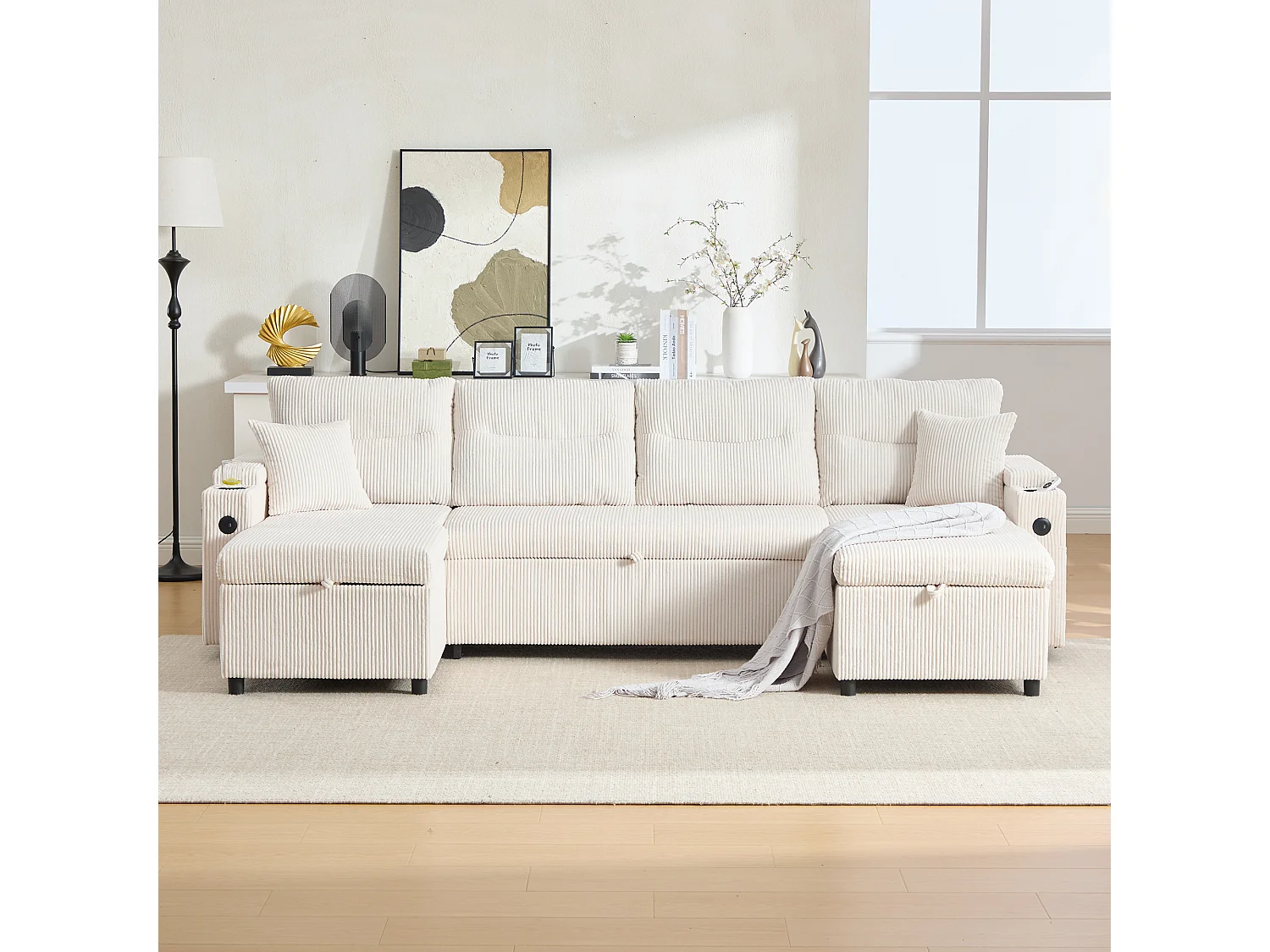 Canapé 4 places avec méridiennes de rangements - 272 x 136 x 86 cm - avec porte-gobelets + USB + lit gigogne - velours - beige