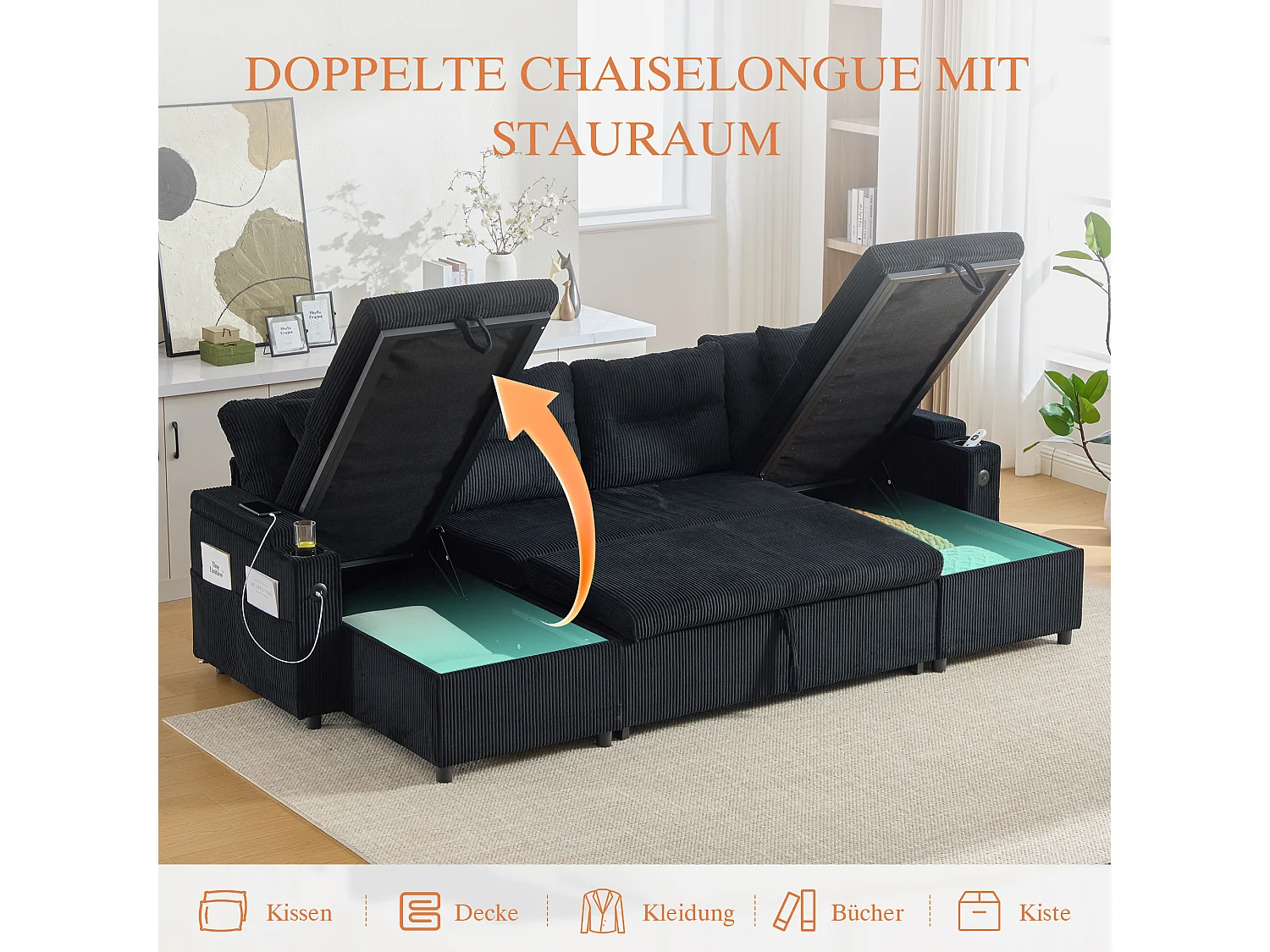 Canapé 4 places avec méridiennes de rangements - 272 x 136 x 86 cm - avec porte-gobelets + USB + lit gigogne - velours - noir