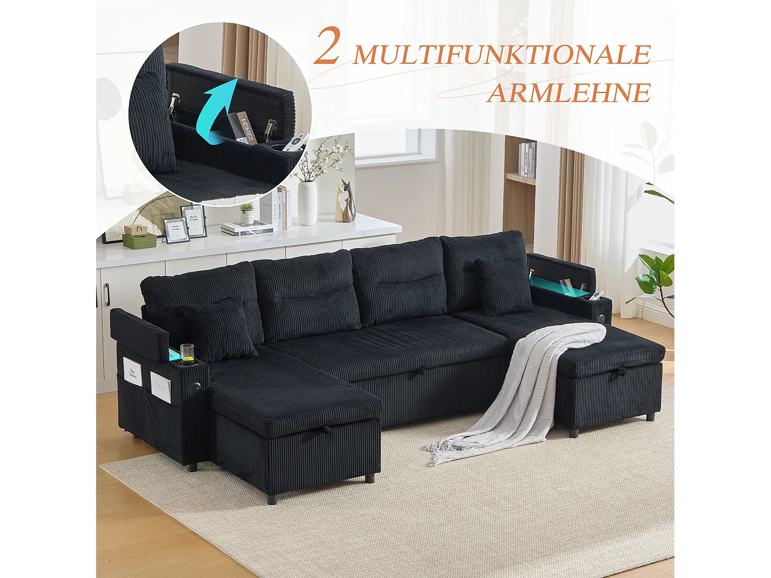 Canapé 4 places avec méridiennes de rangements - 272 x 136 x 86 cm - avec porte-gobelets + USB + lit gigogne - velours - noir