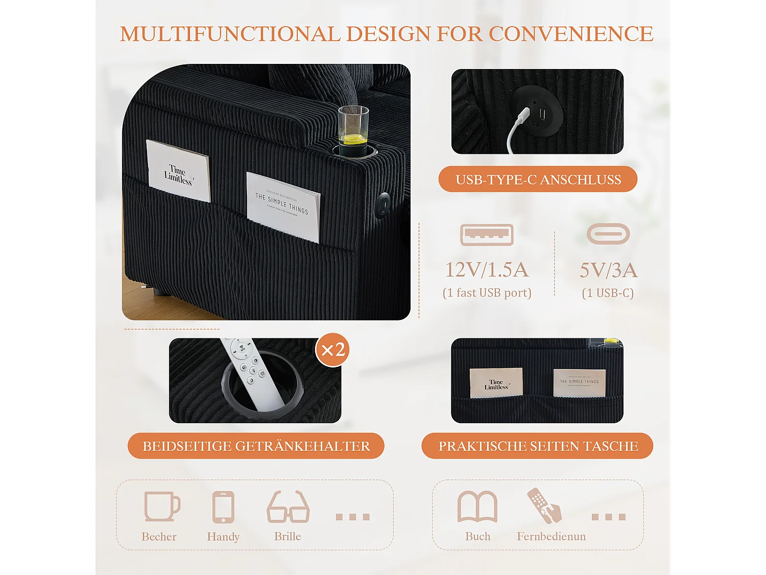 Canapé 4 places avec méridiennes de rangements - 272 x 136 x 86 cm - avec porte-gobelets + USB + lit gigogne - velours - noir