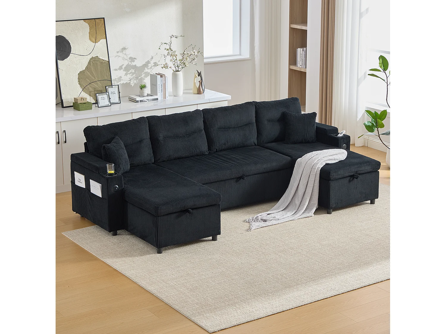 Canapé 4 places avec méridiennes de rangements - 272 x 136 x 86 cm - avec porte-gobelets + USB + lit gigogne - velours - noir