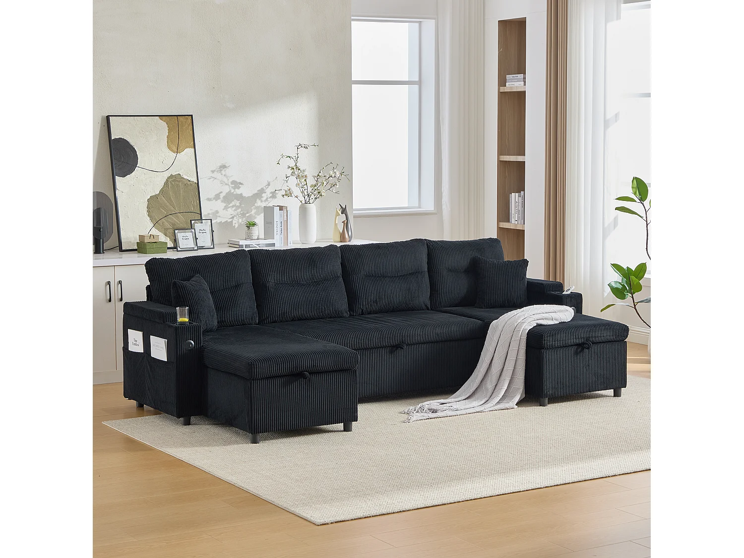 Canapé 4 places avec méridiennes de rangements - 272 x 136 x 86 cm - avec porte-gobelets + USB + lit gigogne - velours - noir