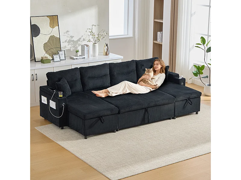 Canapé 4 places avec méridiennes de rangements - 272 x 136 x 86 cm - avec porte-gobelets + USB + lit gigogne - velours - noir