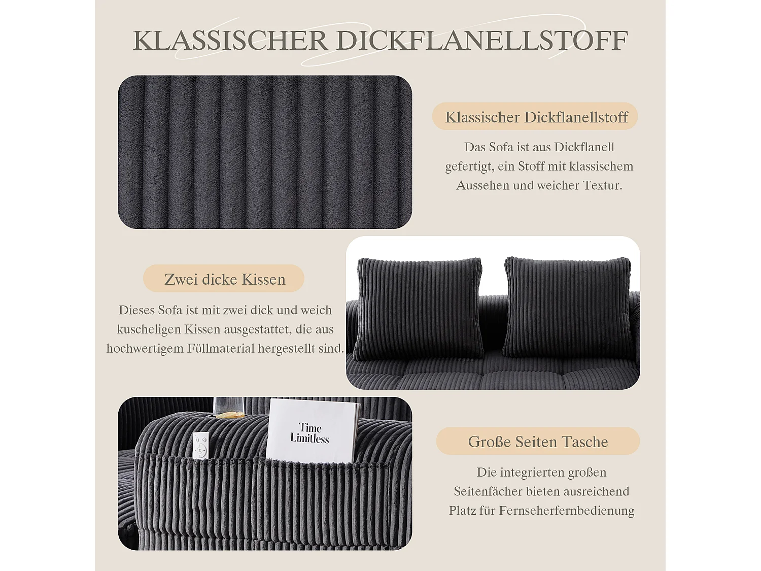 Canapé 2 places confortable - 158 x 93 x 61 cm - aucun assemblage requis - avec coussins de dossier + poche - velours - gris