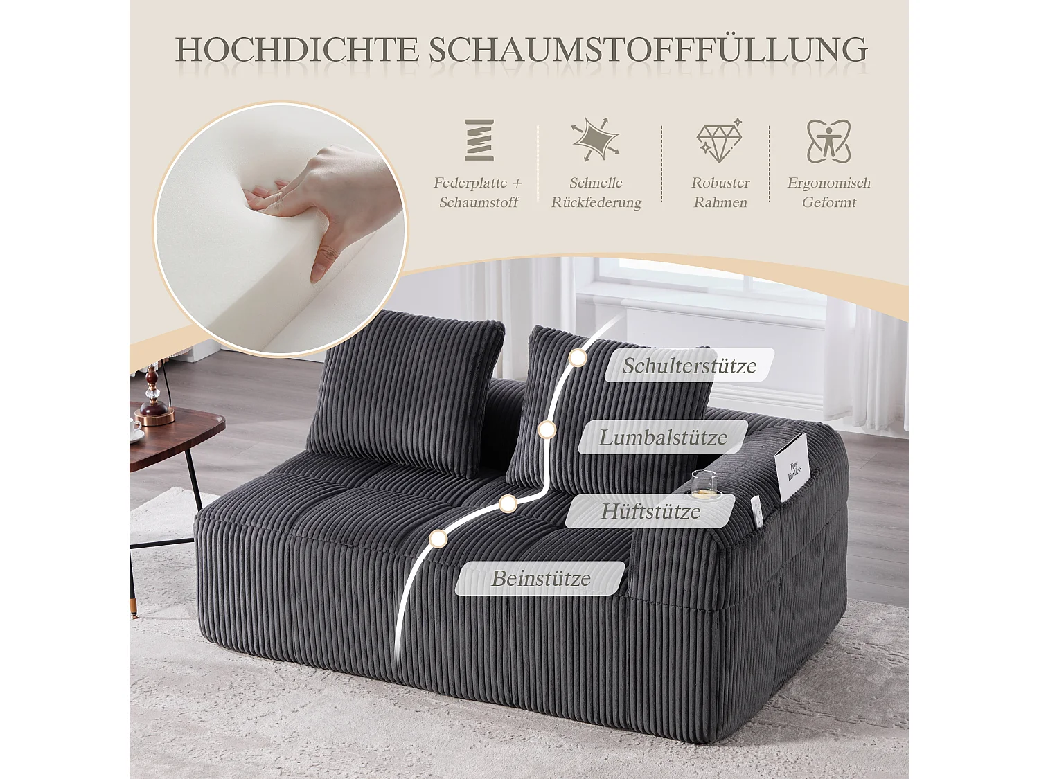 Canapé 2 places confortable - 158 x 93 x 61 cm - aucun assemblage requis - avec coussins de dossier + poche - velours - gris