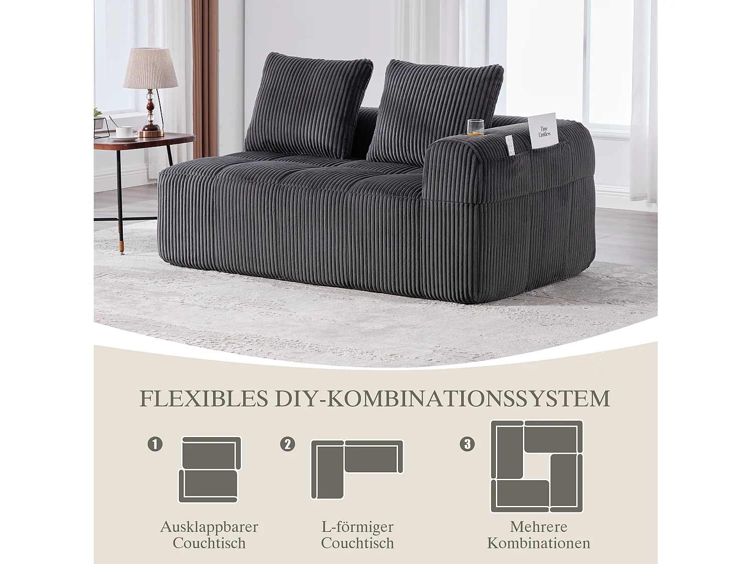 Canapé 2 places confortable - 158 x 93 x 61 cm - aucun assemblage requis - avec coussins de dossier + poche - velours - gris