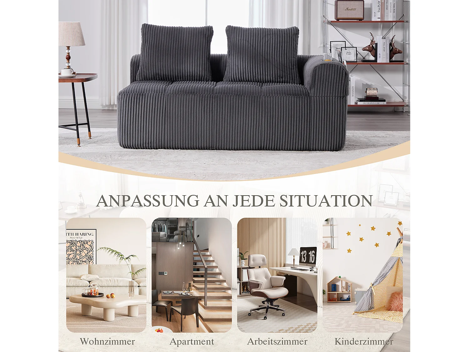 Canapé 2 places confortable - 158 x 93 x 61 cm - aucun assemblage requis - avec coussins de dossier + poche - velours - gris