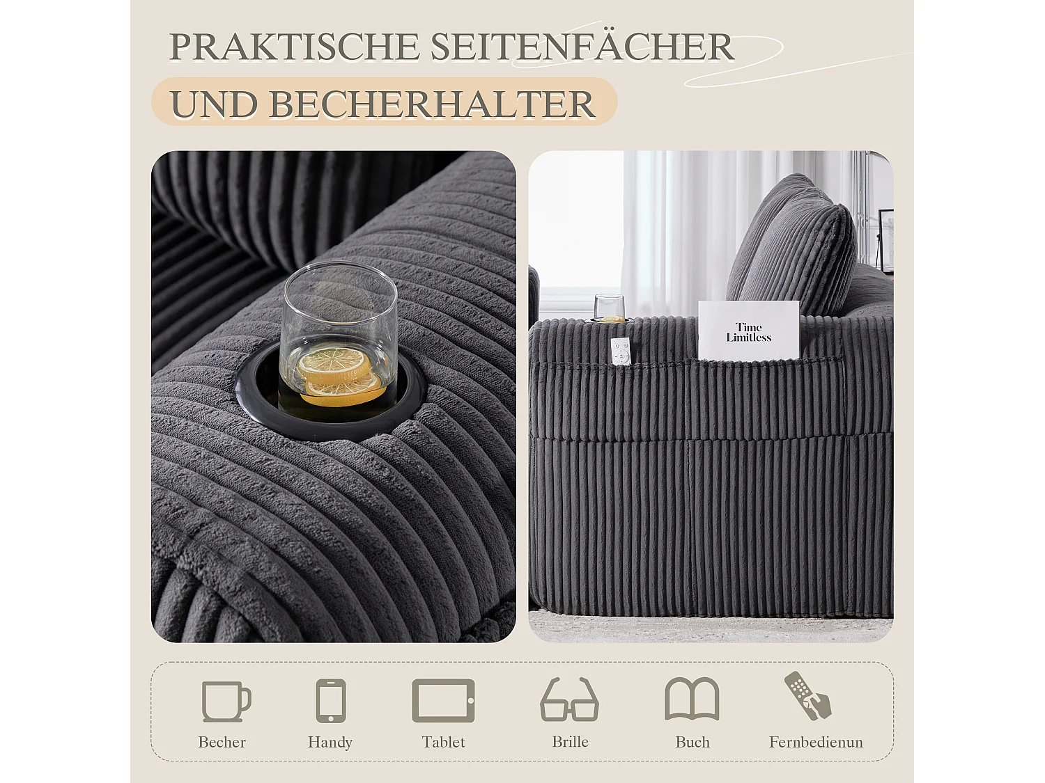 Canapé 2 places confortable - 158 x 93 x 61 cm - aucun assemblage requis - avec coussins de dossier + poche - velours - gris